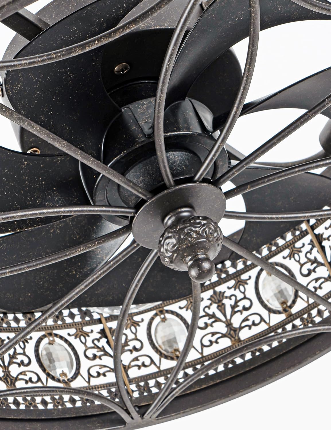 Chandelier Ceiling Fan with Light and Remote,Small Caged Bladeless Fandelier,Vintage Victorian Crystal Light Fixture,Hanging/Flush Mount,Elegant Decor Fan for Bedroom,Kitchen Island & Dining Room