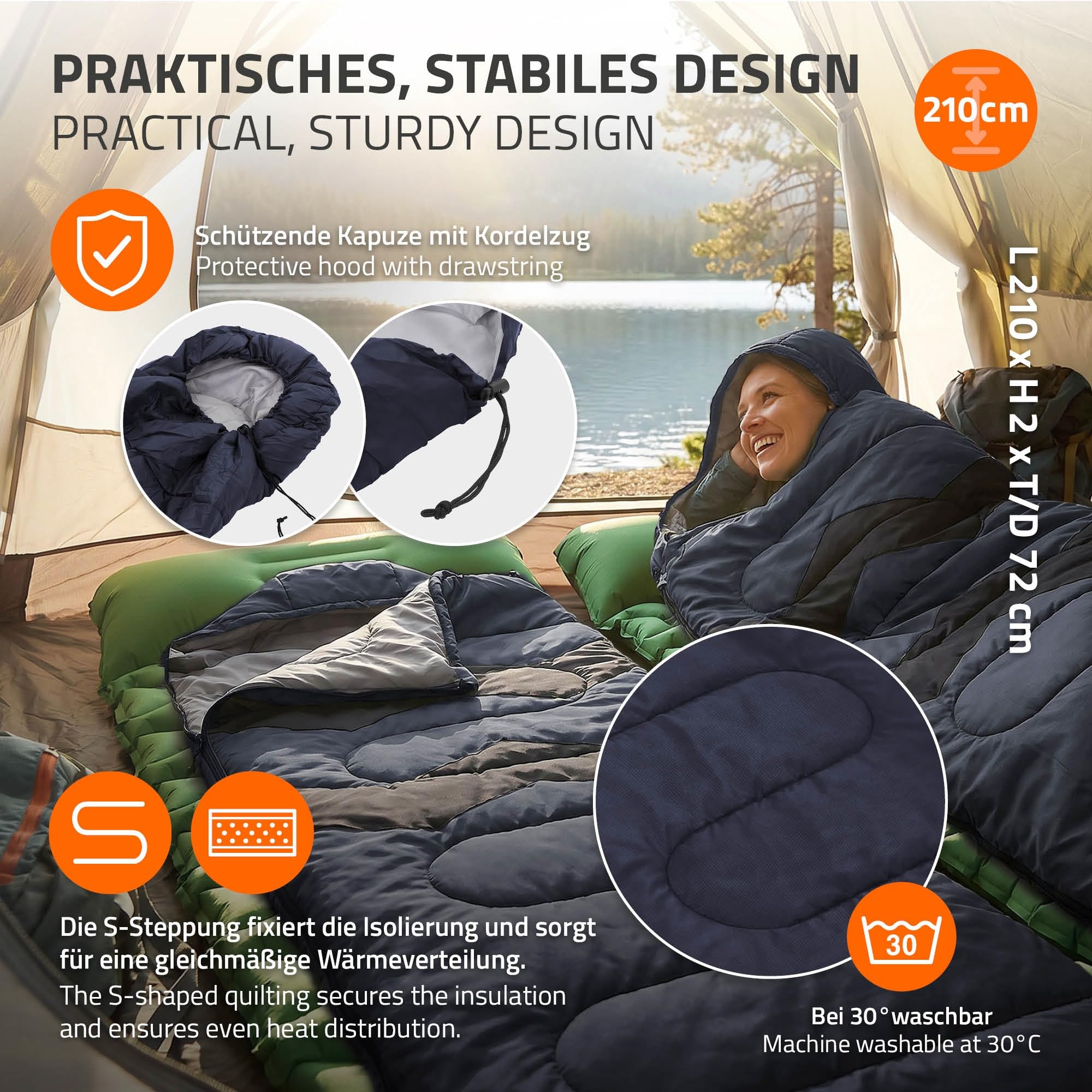 ECD Germany Sac de Couchage Adulte pour Camping Kaki/Bleu Foncé 210 cm, Matériel Léger Chaud et Compact, Portable de 3 Saisons Extérieur, pour Randonnée Voyage ou Tente, avec Housse de Transport