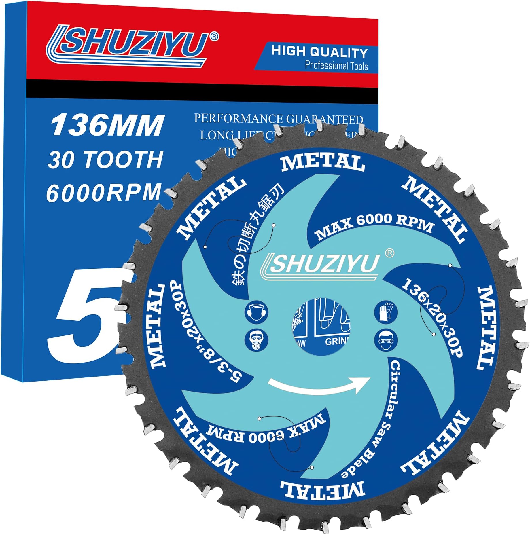 5-3/8"(136mm)-30T, Ferrous Metals Cutting Circular Saw Blade, Arbor 20mm with 5/8"-10mm Washer, Compatible with Cordless Saw, Metal, Steel Iron Bar, Sheet, Angle Cutting