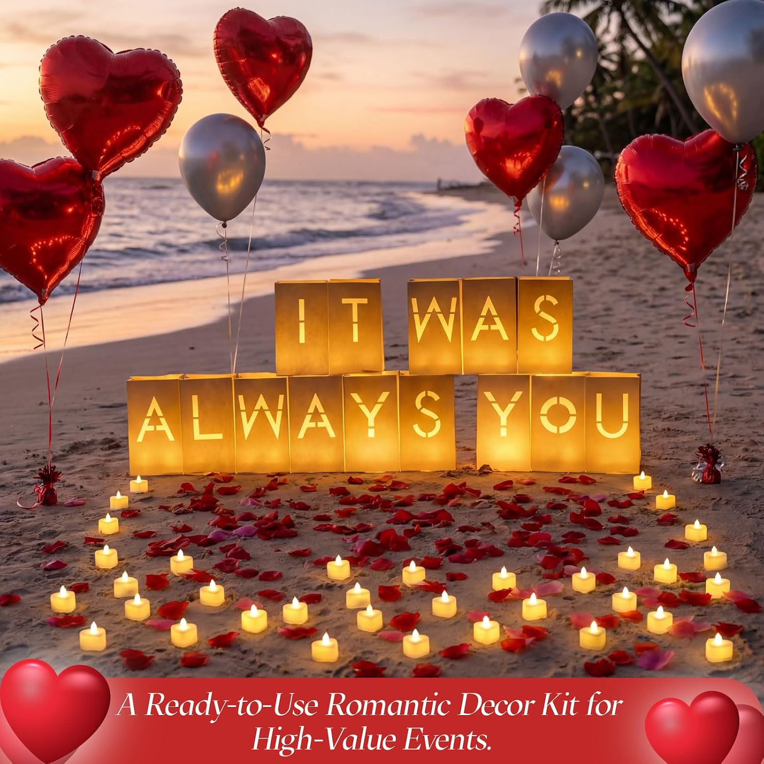 81pcs It Was Always You Light up Letters with 30 LED Candles Tea Light, 2000 Rose Petals & 35 Pearlescent Foil Balloons - Luminary Paper Bags for Anniversary Valentine's Day Decor