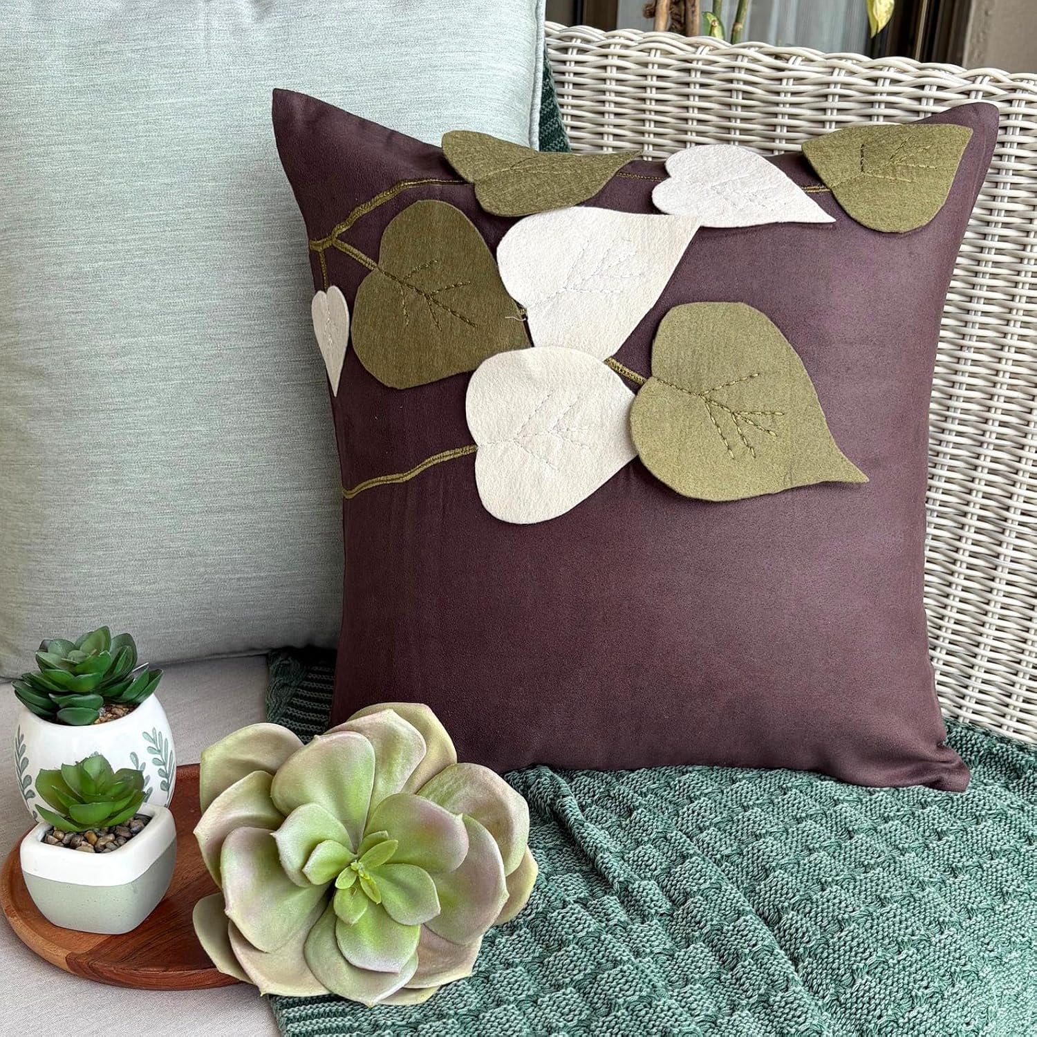 The HomeCentric Pillow Covers, Decorative Brown Pillow Covers for Couch 16x16 inch (40x40 cm) Suede Pillowcase with Zipper, Nature & Floral, Leaves, Applique, Tropical Designer - Oliveleafyday