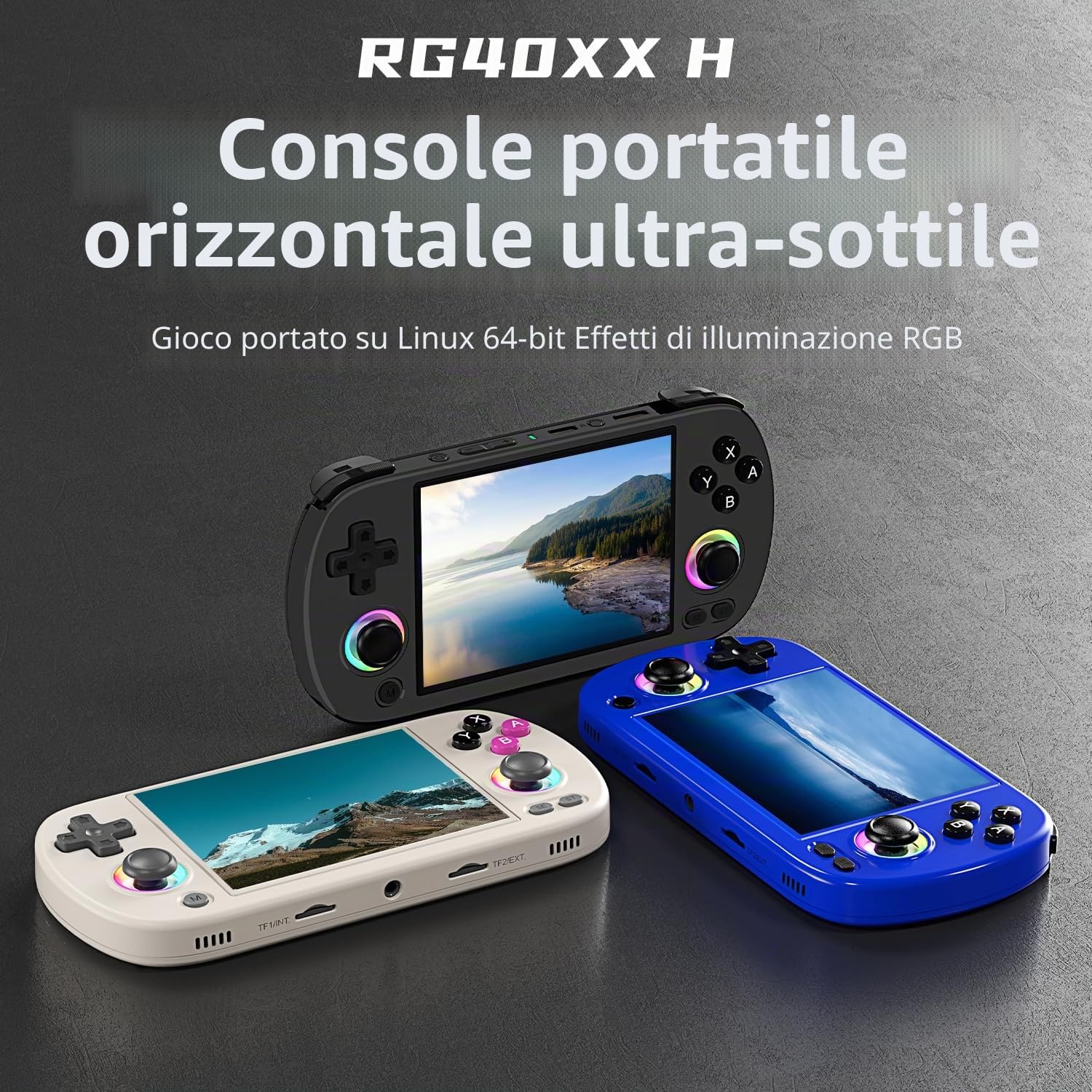 RG40XX H Console da gioco portatile, console da gioco retrò con illuminazione Joystick RGB, display IPS da 4 pollici, scheda TF 64G integrata e giochi 5571, compatibile con WiFi Blueto (nero, 64G)