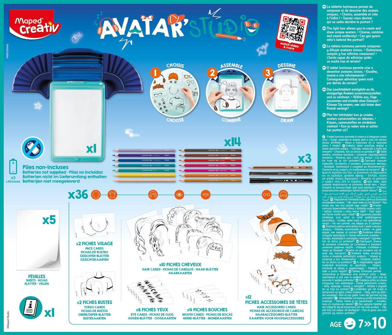 Maped Avatar Estudio Caja de Luz Creativa - Set de Manualidades para Niños con Luz LED y 36 Plantillas para Calcar y Colorear - Fomenta la Motricidad y Creatividad - Ideal para Dibujar Avatares