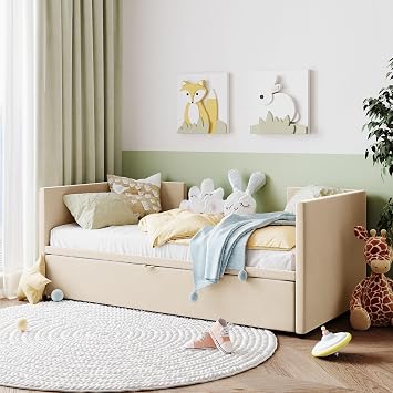 Twin Size Upholstered Daybed with Pop Up Trundle, Convertible Sofa Bed for Guest Room & Kids Bedroom, Easy Assembly Beige