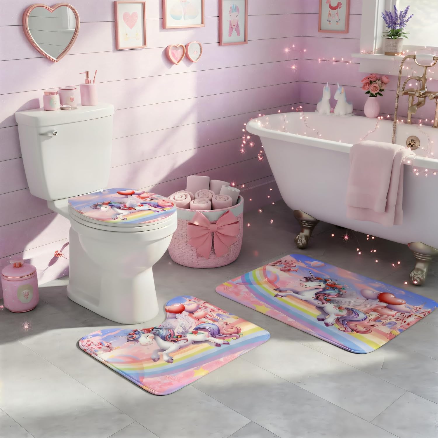 4Pcs Unicorn Girls Shower Curtain with Memory Rugs, Kids Bathroom Sets with Cute Uicorn Shower Curtain, Non-Slip Rug,Toilet Lid Cover Bath Mat and 12 Hooks,Gift for BoyGirl Kids