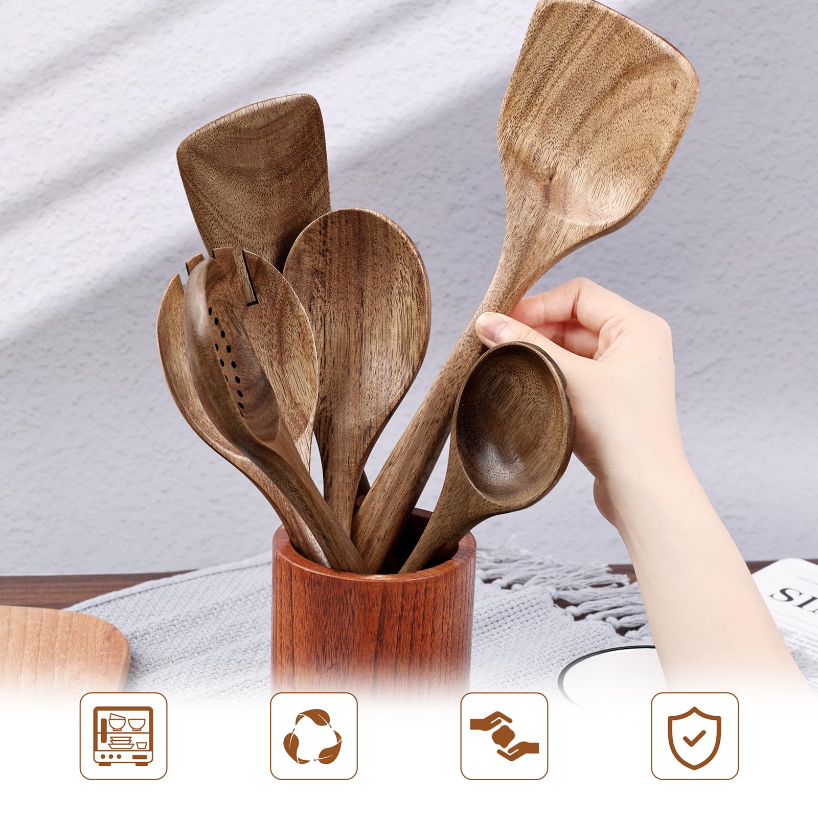 HAKSEN Holz-Kochutensilien, natürliches Akazienholz, Küchenutensilien, Holzspatel zum Servieren, Rühren, Kochen, Mischen, 10 Stück