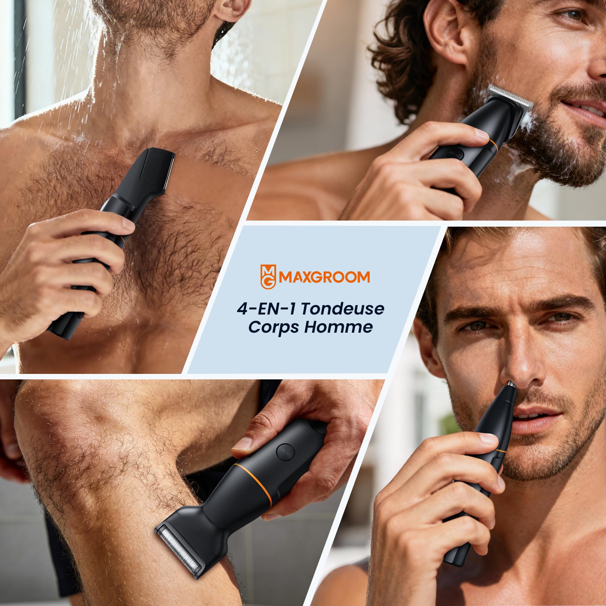 MAXGROOM Tondeuse Corps Homme Électrique, 4 en 1 Multifonction Tondeuse Intime Homme, 7000RPM Rasoir Partie Intime Professionnel, Long Endurance USB Rasoir Testicule Kit IPX6 Étanche