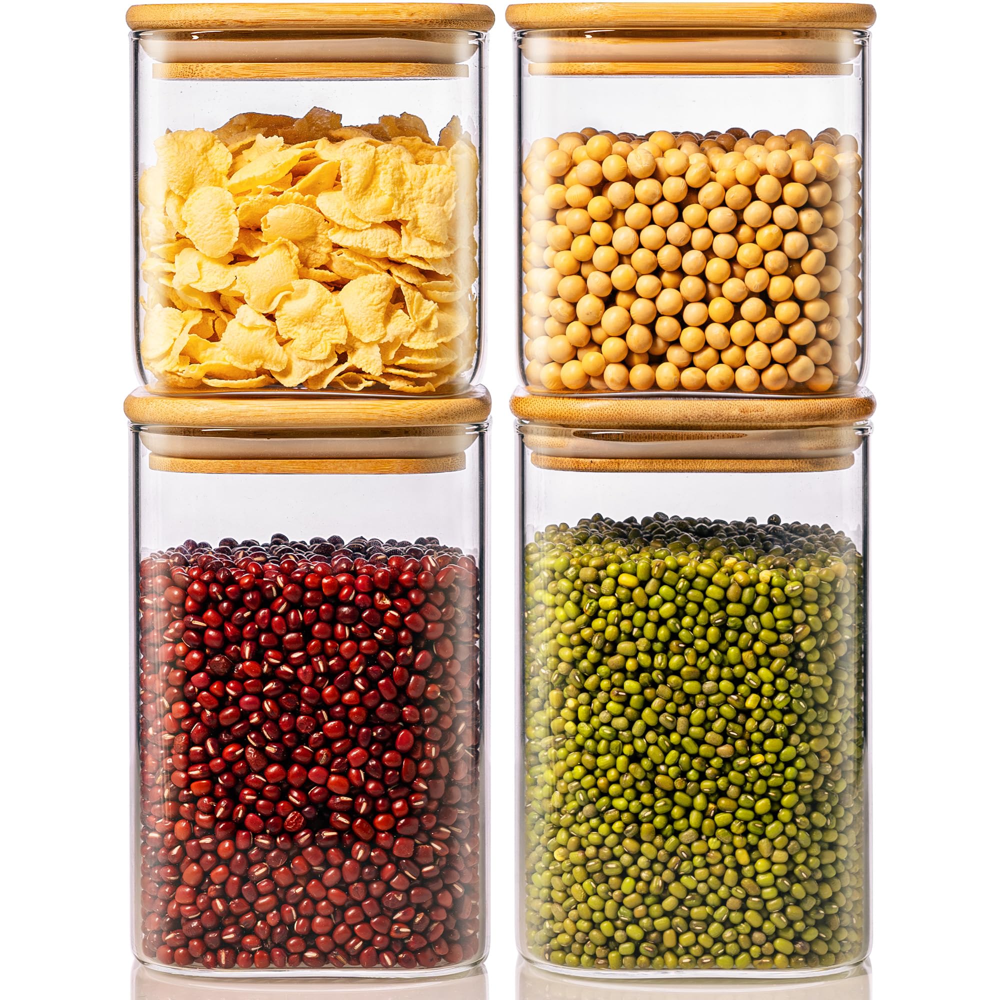 HomArtist Barattoli quadrati in vetro con coperchi in bambù, 1,2 l x 2 e 765,4 g x 2 contenitori in vetro con coperchio, contenitori in vetro con coperchio ermetico, contenitori per alimenti in vetro