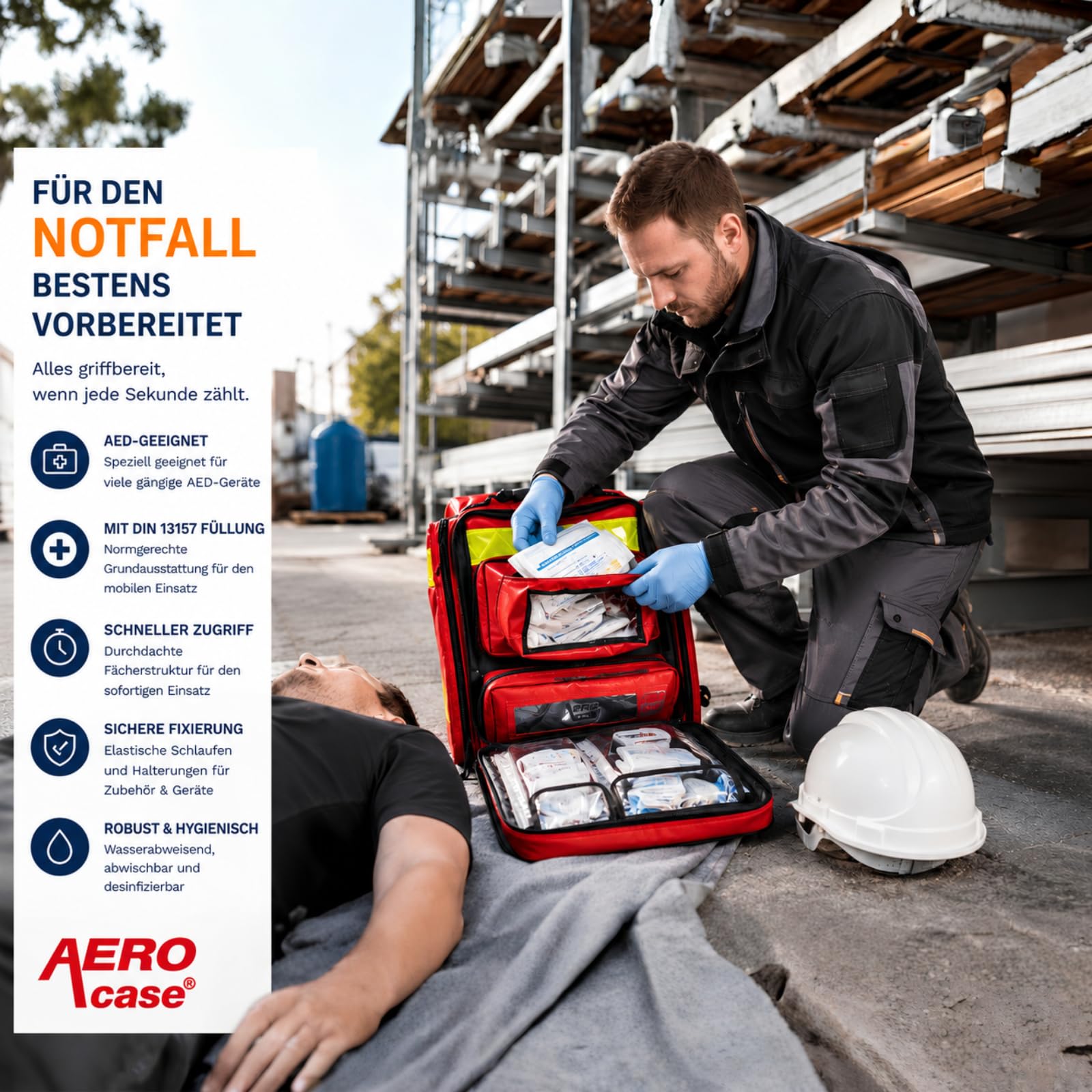 AEROcase AED-Notfallrucksack Größe M rot 44x38x21 cm | Gefüllt nach DIN 13157, Kompatibel mit gängigen AED-Geräten & 0,8 L O2-Flasche, 85-teilige Erste-Hilfe-Ausstattung