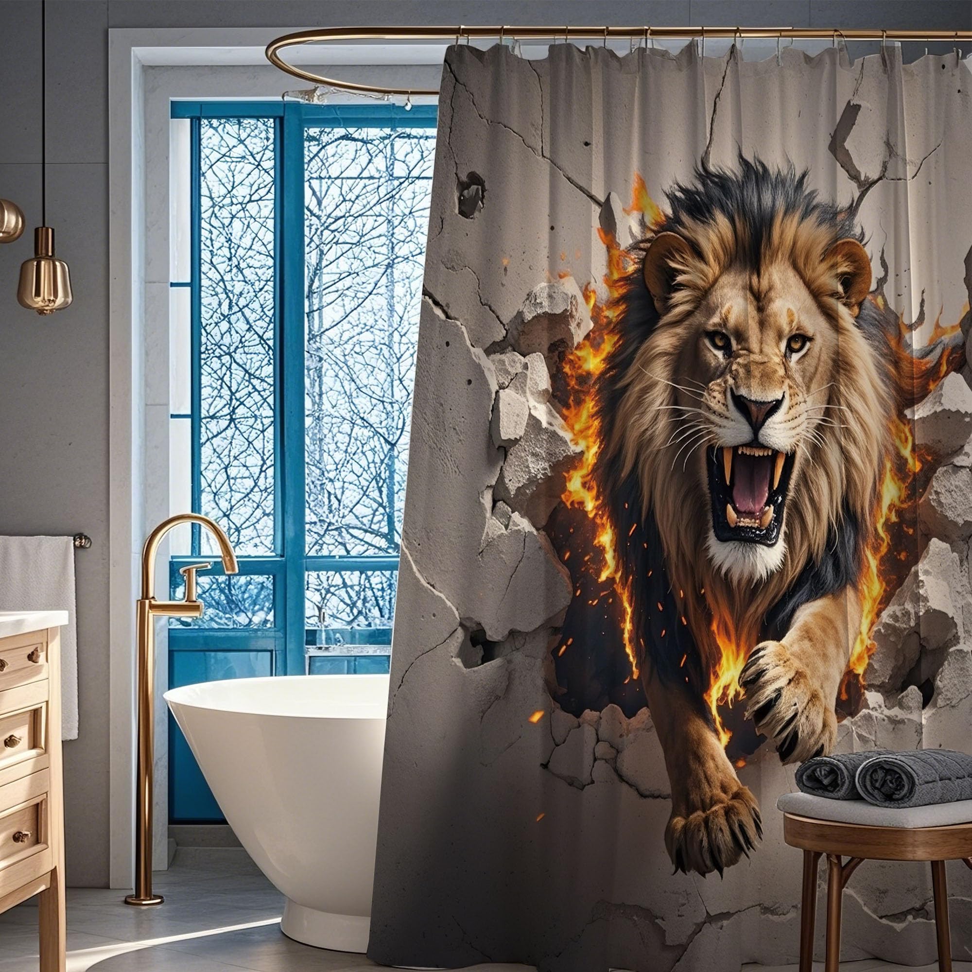 Pakena Funny Animal Cool Lion Shower Curtain Men Grey Shower Curtains Set Wildlife Leo Fun Animal Humor Gray Bath Curtain Boys Man Bathroom Accessories Home Decor 60x72 Inch