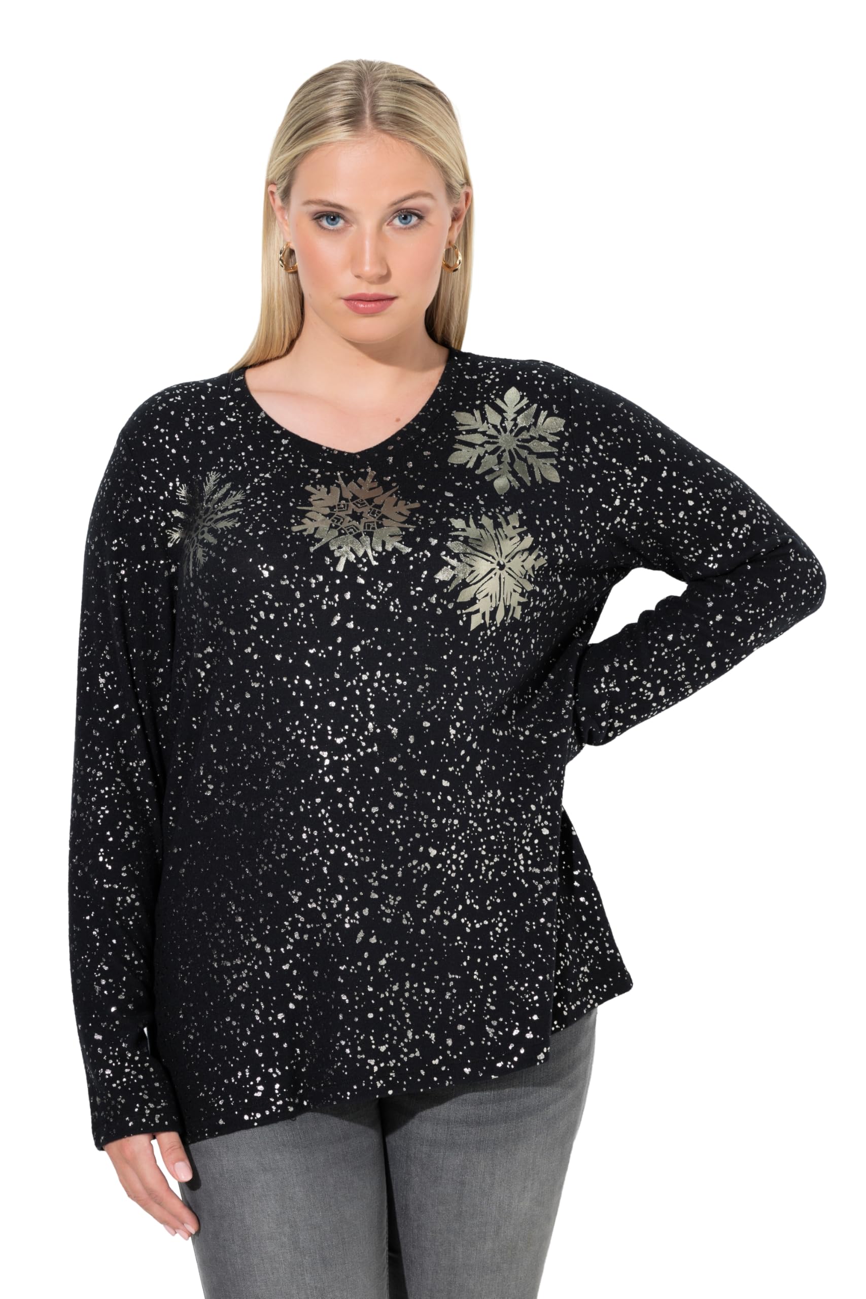 Ulla Popken Damen große Größen Übergrößen Plus Size Sweatshirt, Metallic-Druck, V-Ausschnitt, Langarm 844924
