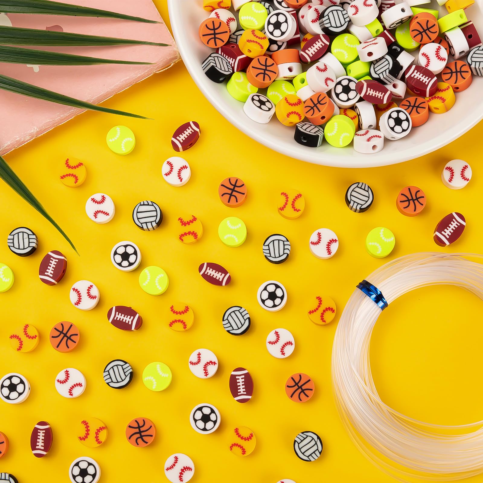 YGAOHF 150 Pcs Sports Ball Beads for Jewelry Making, Friendship Polymer Clay Bead with Elastic String for Making Bracelet, Baseball Basketball Soccer Rugby Volleyball Football Beads for Craft