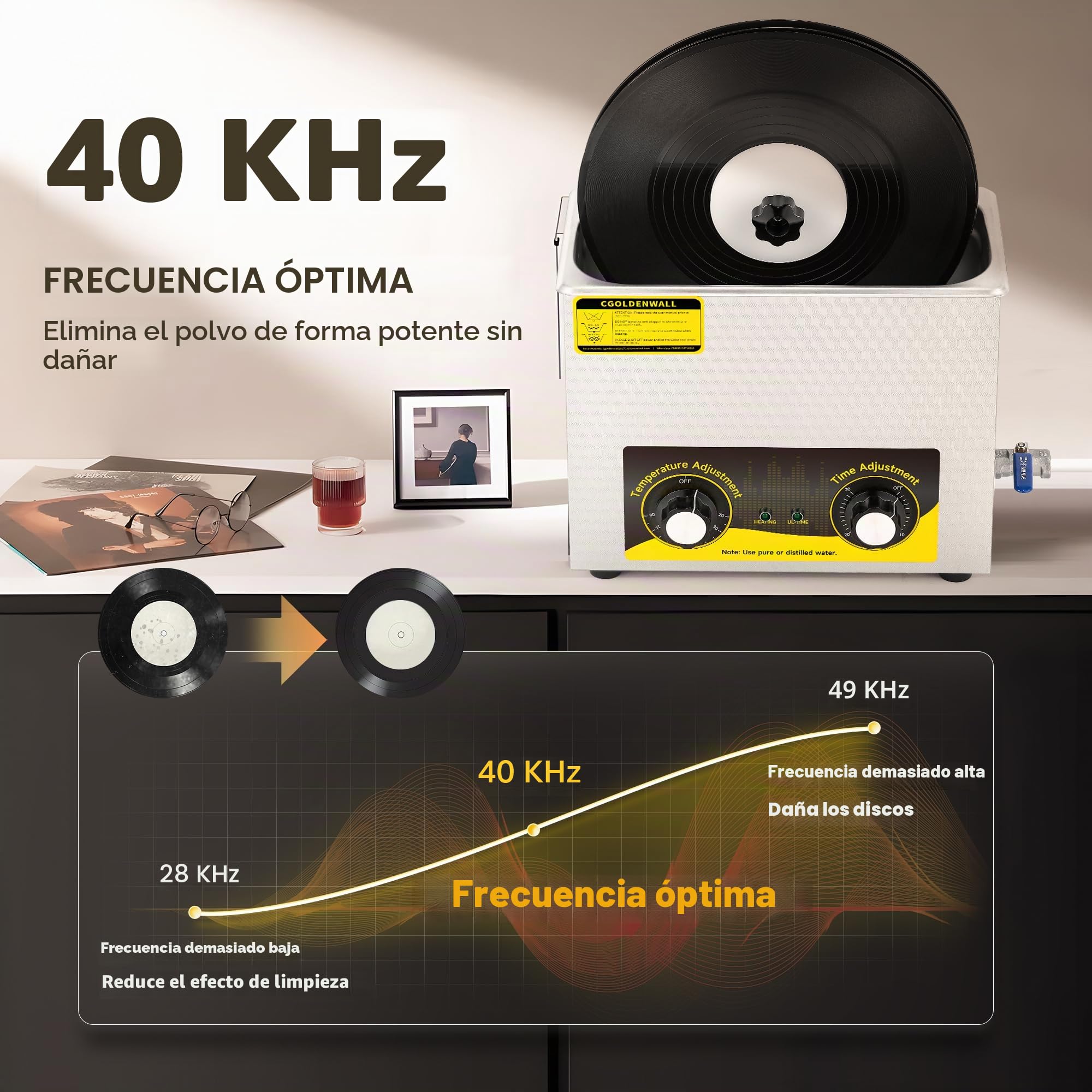 Limpiador Ultrasónico de Discos de Vinilo 6L Máx.6 Discos Temporizador de 0-30 Minutos 20-80°C Función de Calentamiento Rotación Automática para Discos de 7/10/12" Soporte de Secado y Cesta incluidos