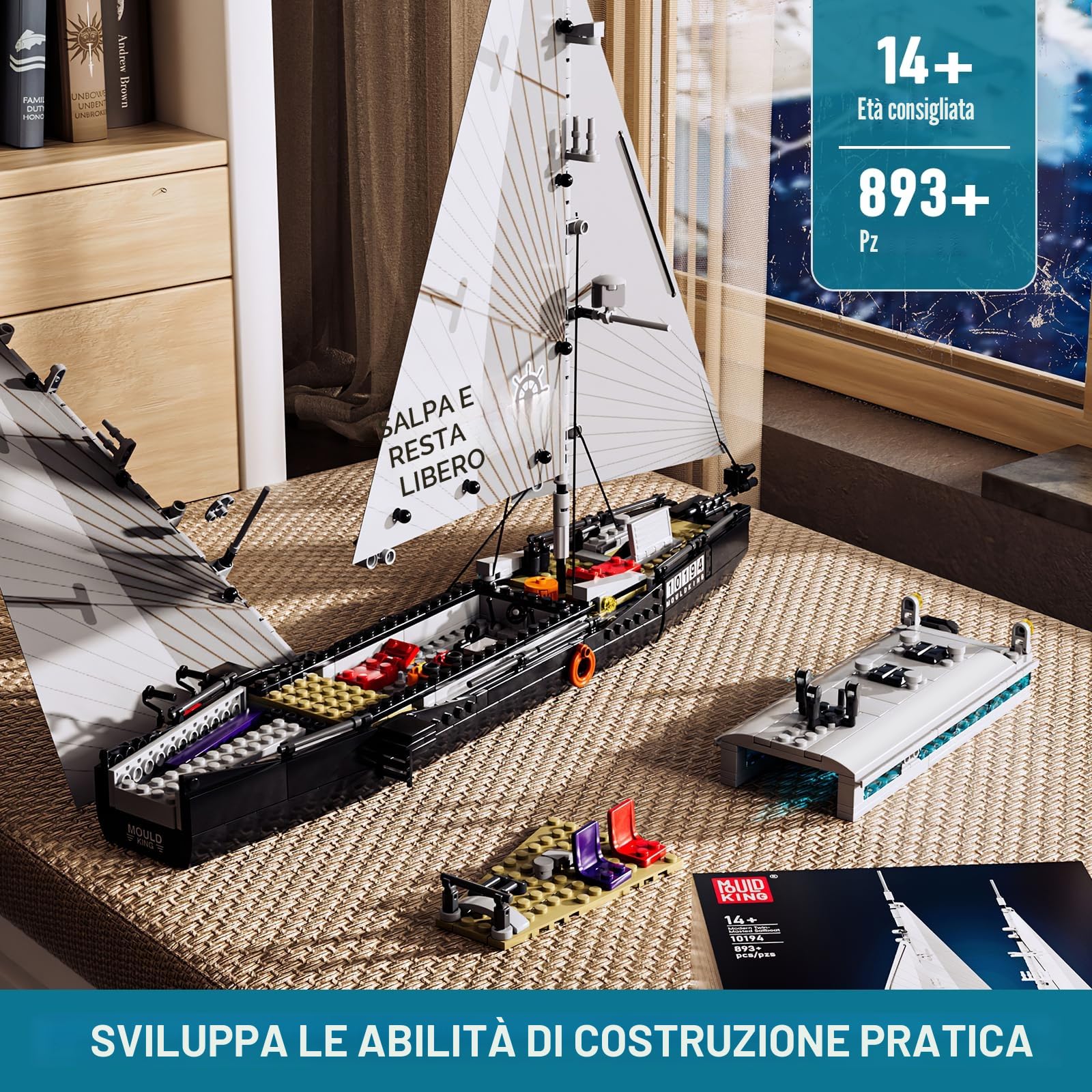 Mould King 10194 Blocchi di costruzione nave a vela con vela in tessuto, grande Ketch, nave giocattolo, modello barca a vela, compatibile con altre marche (893 pezzi)