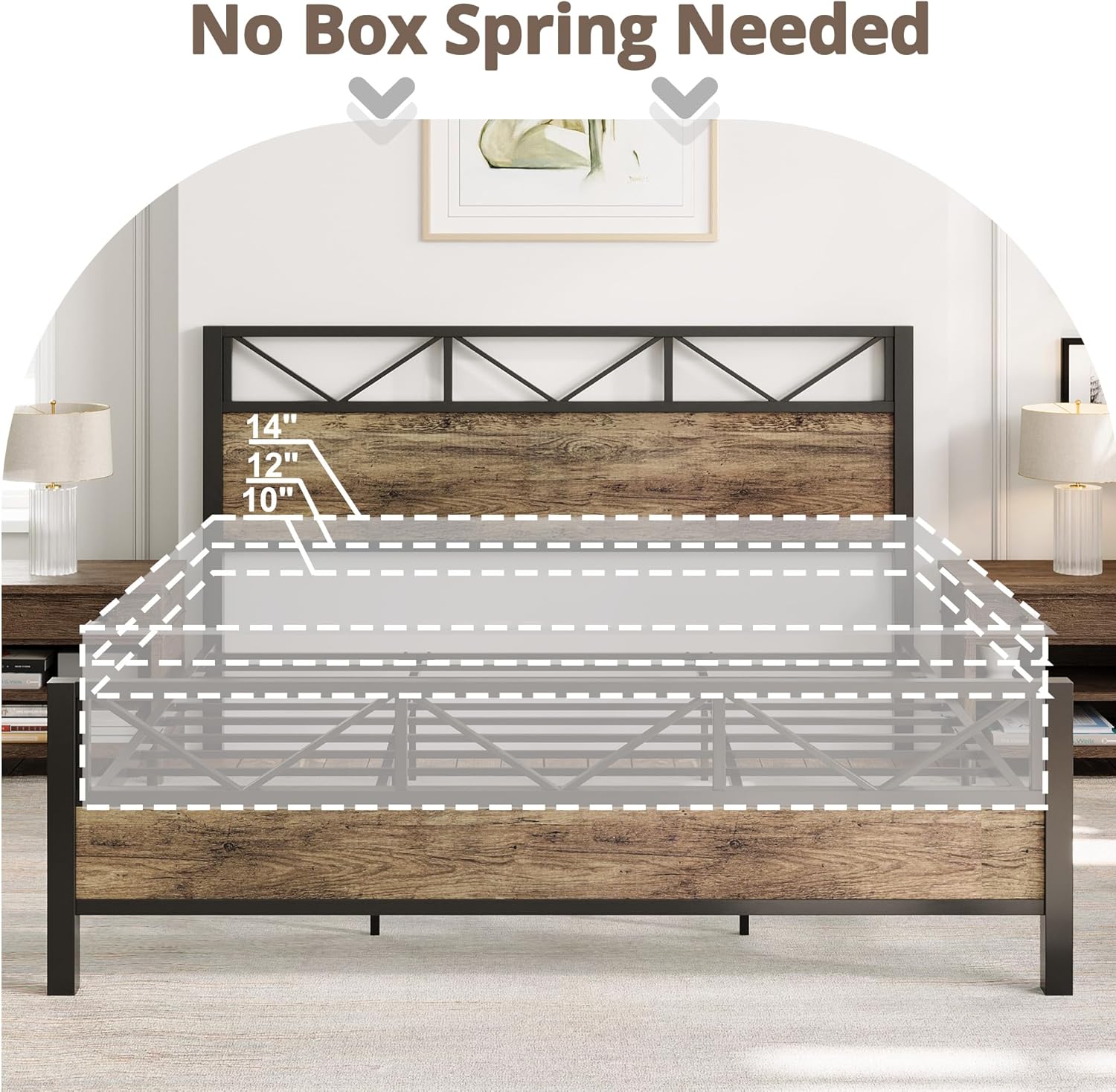 LIKIMIO Queen Bed Frame, Tall Industrial Headboard 51.2 ", Platform Bed Frame with Strong Metal Support, Solid and Stable, Noise Free, No Box Spring Needed, Easy Assembly, Rustic Maple