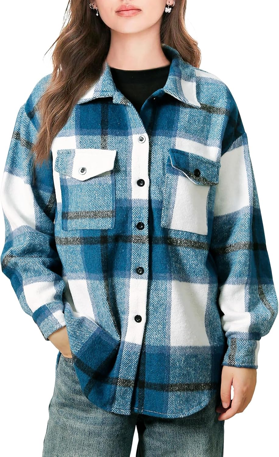 SHEJIZE Women's Casual Shacket Jacket Plaid Shirts Flannel Blouses Button-Down Shirts - Image 5