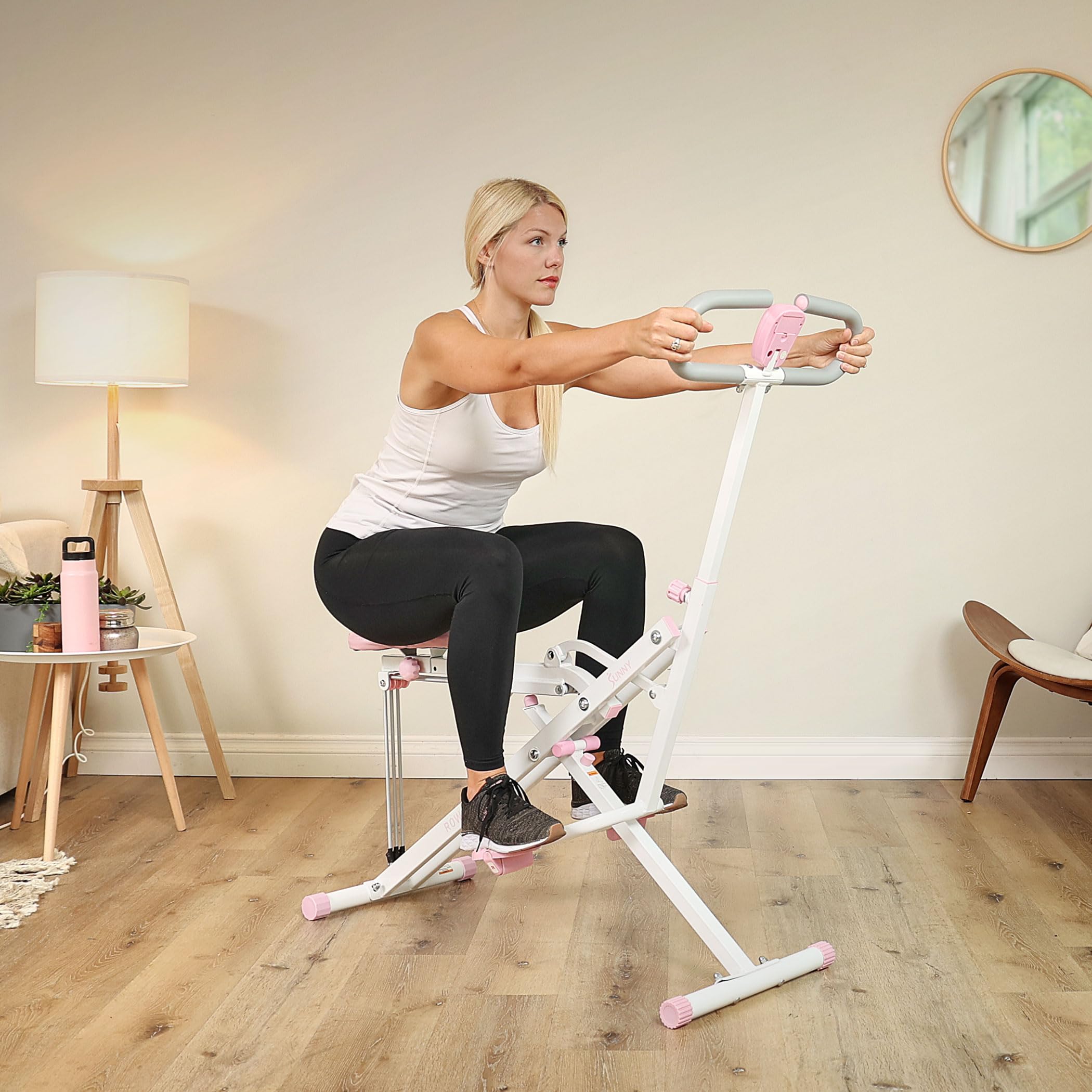 Sunny Health & Fitness Row-N-Ride Squat Trainer, Máquina de Sentadillas Plegable con Resistencia Ajustable, Equipo de Entrenamiento para Brazos, Glúteos y Piernas en Casa