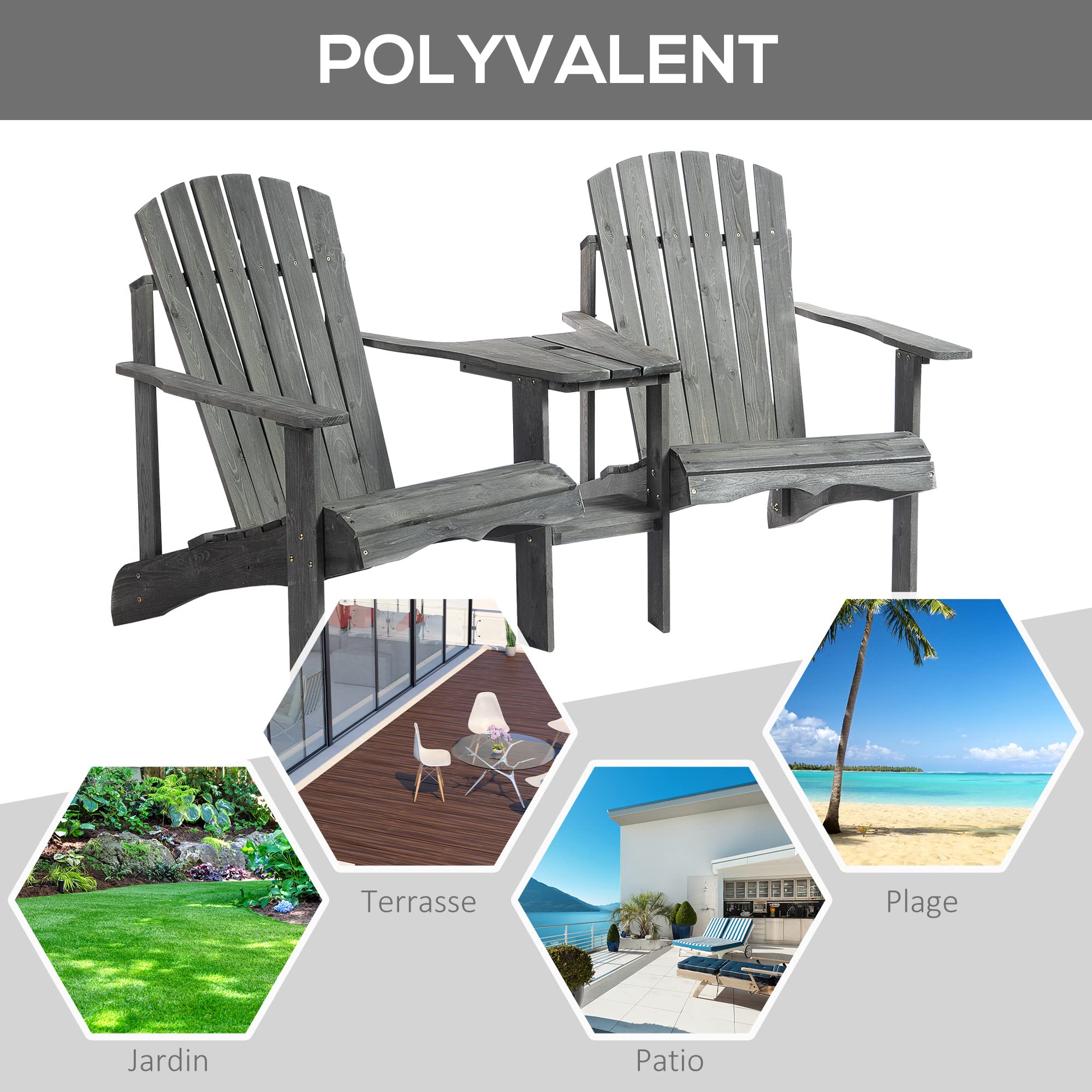 Outsunny Fauteuils de Jardin Adirondack avec Table Basse, Chaise Longue Espace Insertion Parasol, étagère Bois Sapin Gris