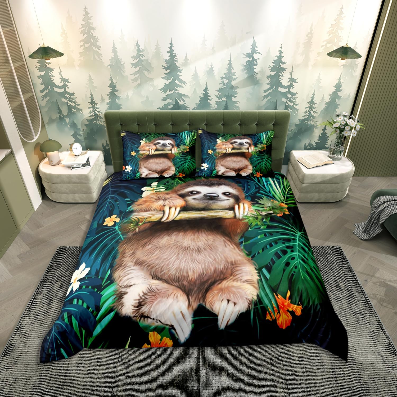 richhome Kids cute lazy Bedding Set Double Size cartoon animals Comforter Cover Set Boys Girls funny lazy lazy tropical leaves flowers print Duvet Cover Set nature theme