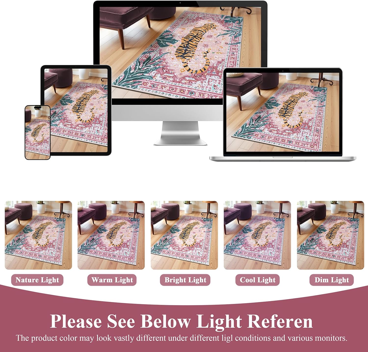 Ileading Vintage Oriental Tropical Jungle Hippie Tiger Small Area Rug 2x3 Non Slip Carpet for Entryway Pink Soft Low-Pile Thin Machine Washable Accent Floor Mat for Bedroom Nursery