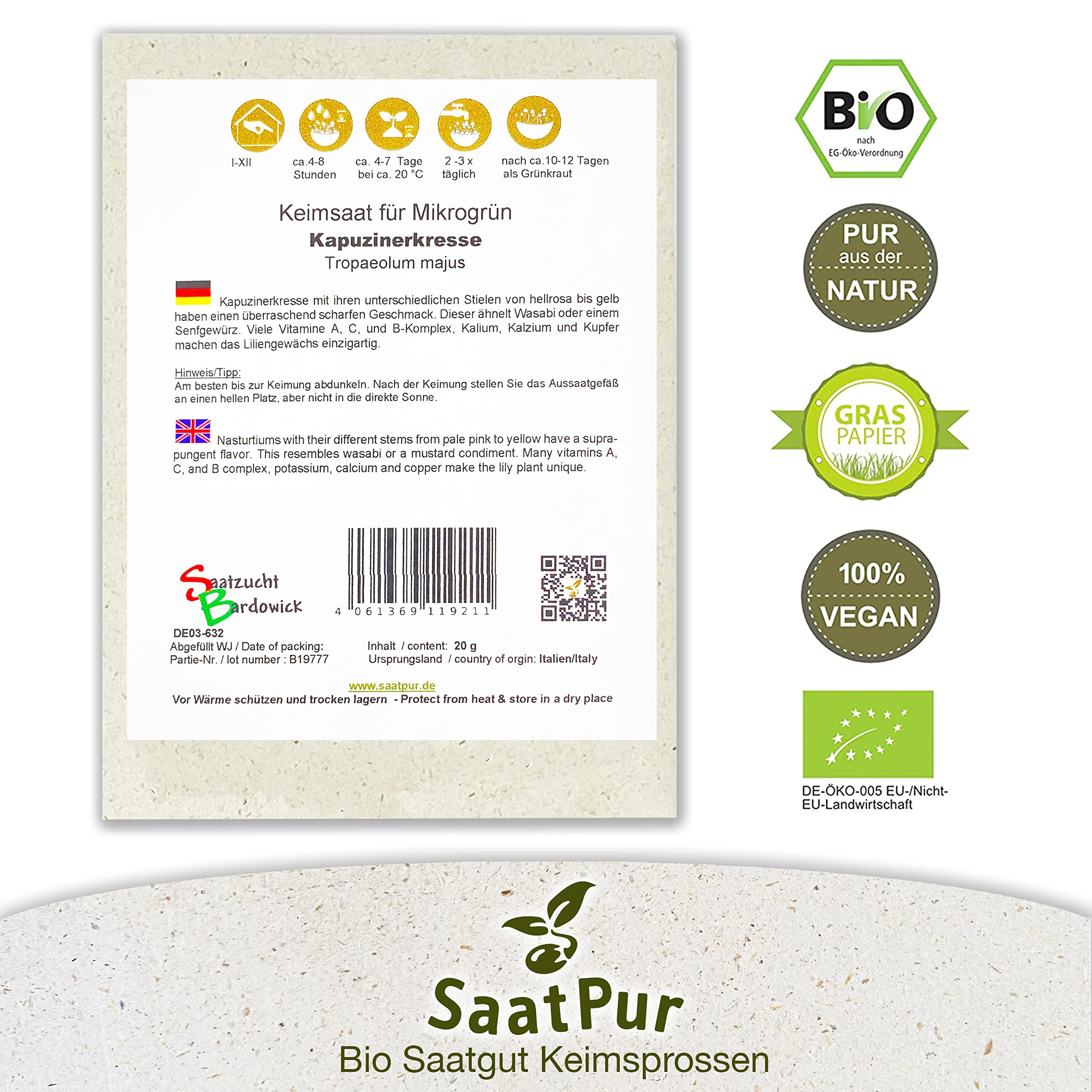 Bio Sprossen Samen Kapuzinerkresse - 100% Bio Keimsprossen - Microgreens mit hoher Keimkraft - Kleines Tray mit 20 Portionstüten je 20g