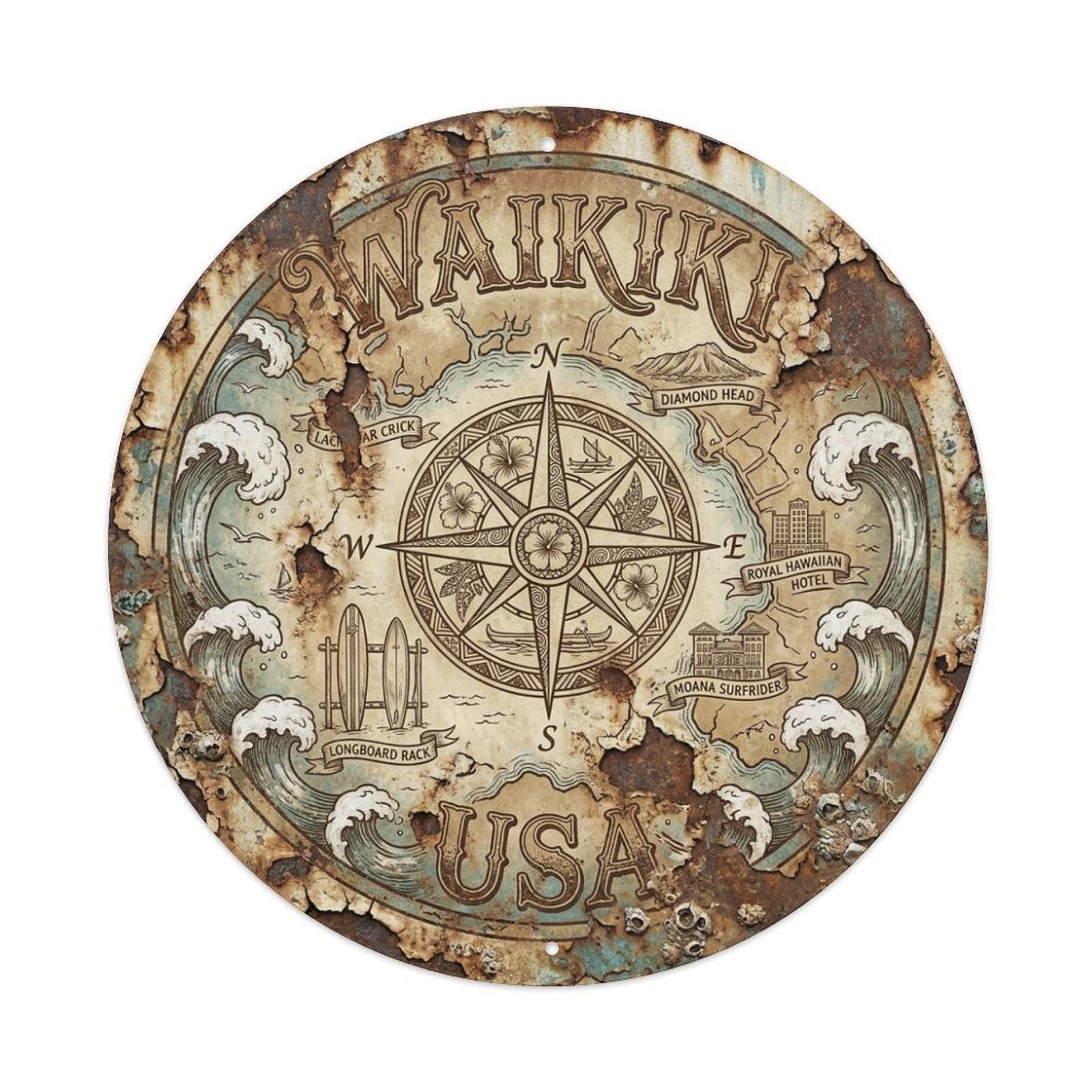 Vintage Travel Waikiki Hawaii Discovery Metal Tin Sign