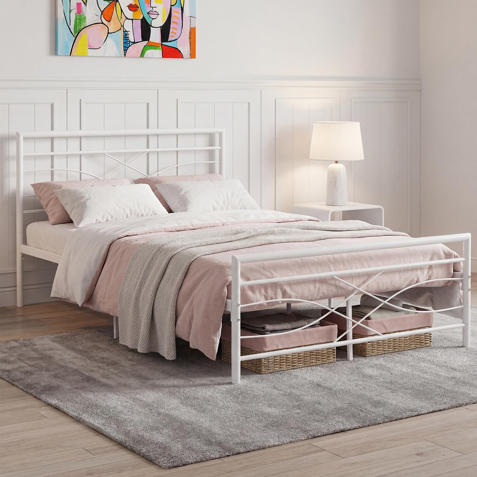 Panana Double 4FT6 Metal Bed Frame with Headboard and Footboard, 28cm Large Underbed Storage Space (White, 4FT6)