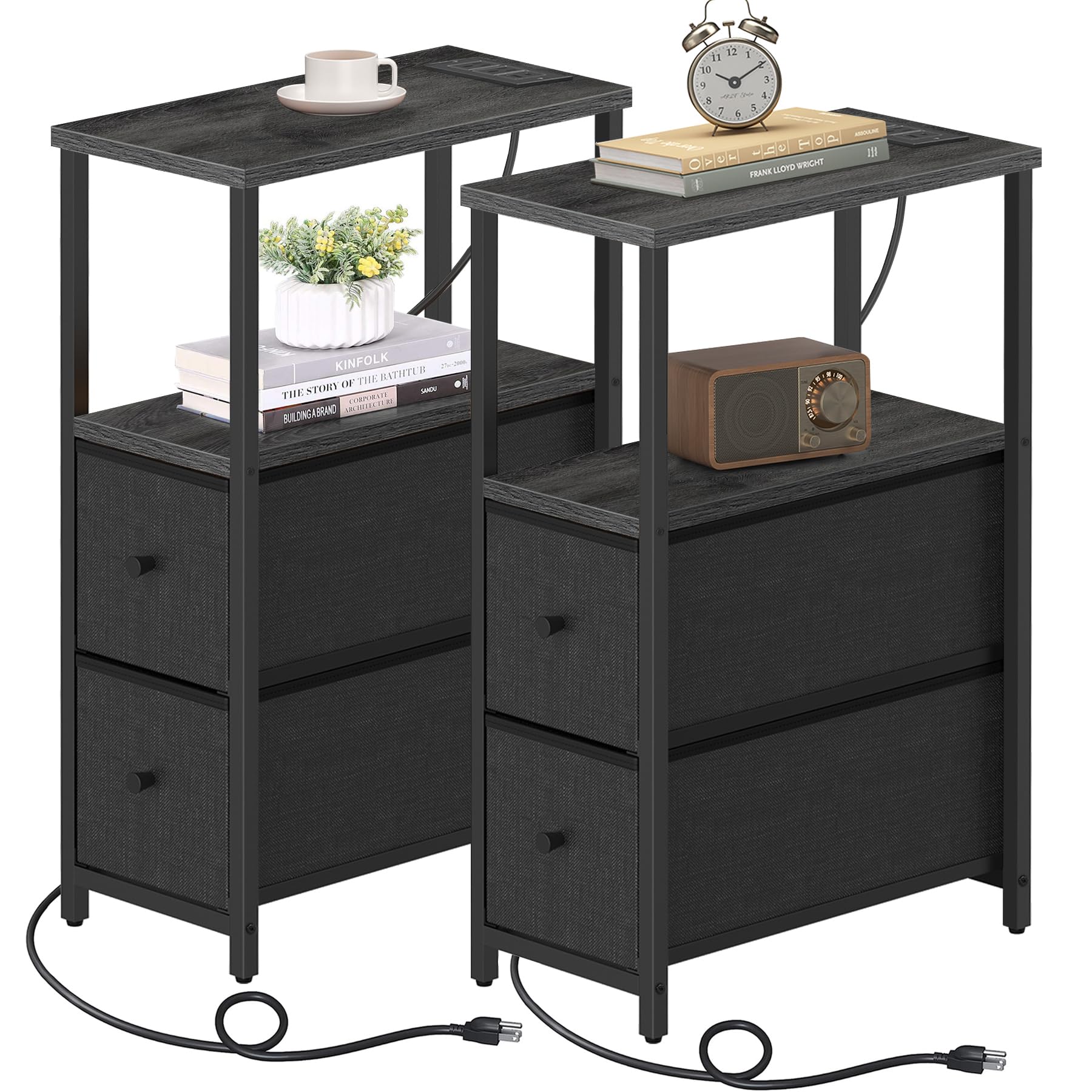 TUTOTAK Narrow End Table with Charging Station, Skinny Side Table