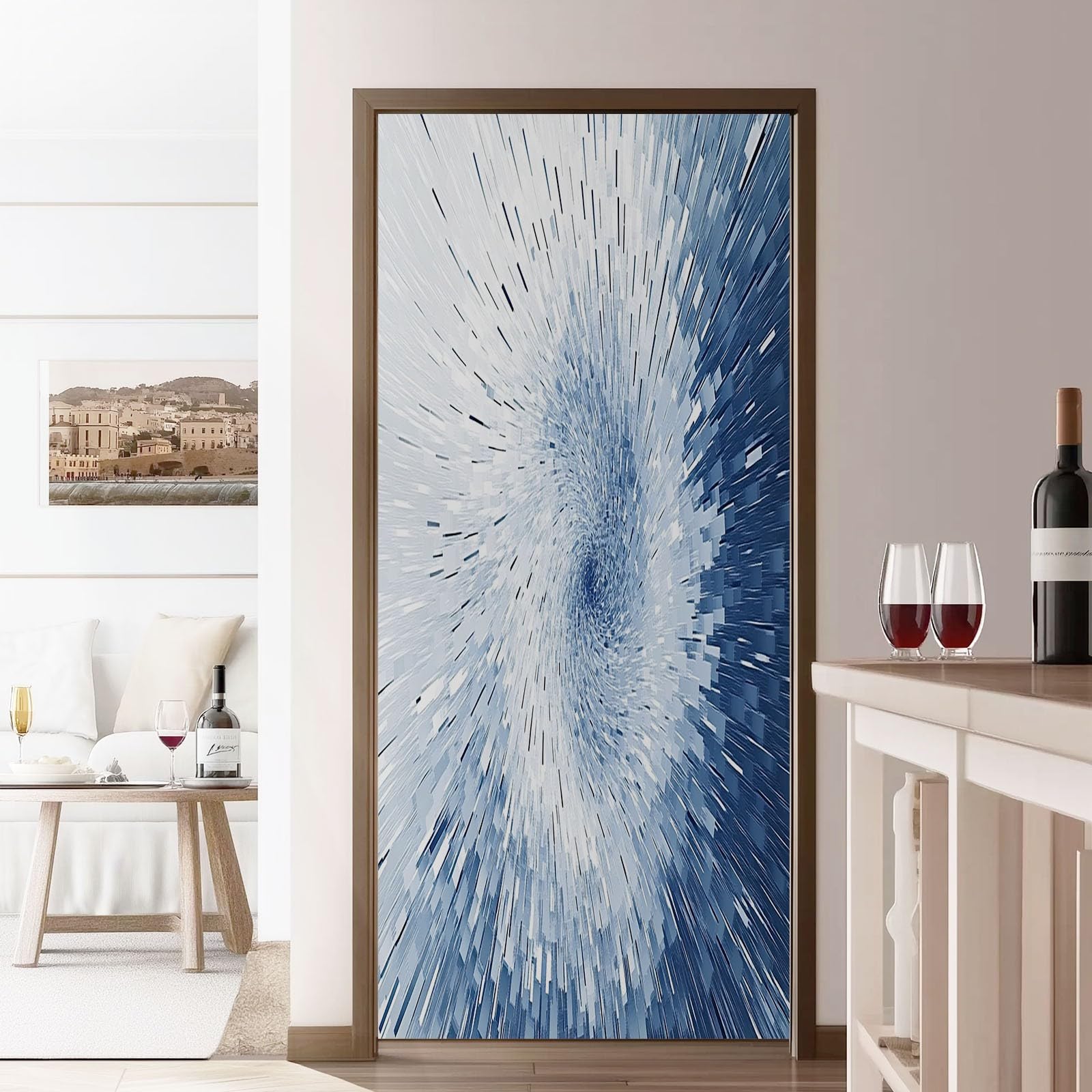 Naklejka na drzwi 3D, samoprzylepna, PCW, 90 x 200 cm, zdejmowana, niebieska, wodoszczelna, do sypialni, kuchni, łazienki, biura, tapeta na drzwi - abstrakcyjna geometria fragment pasków, motyw do