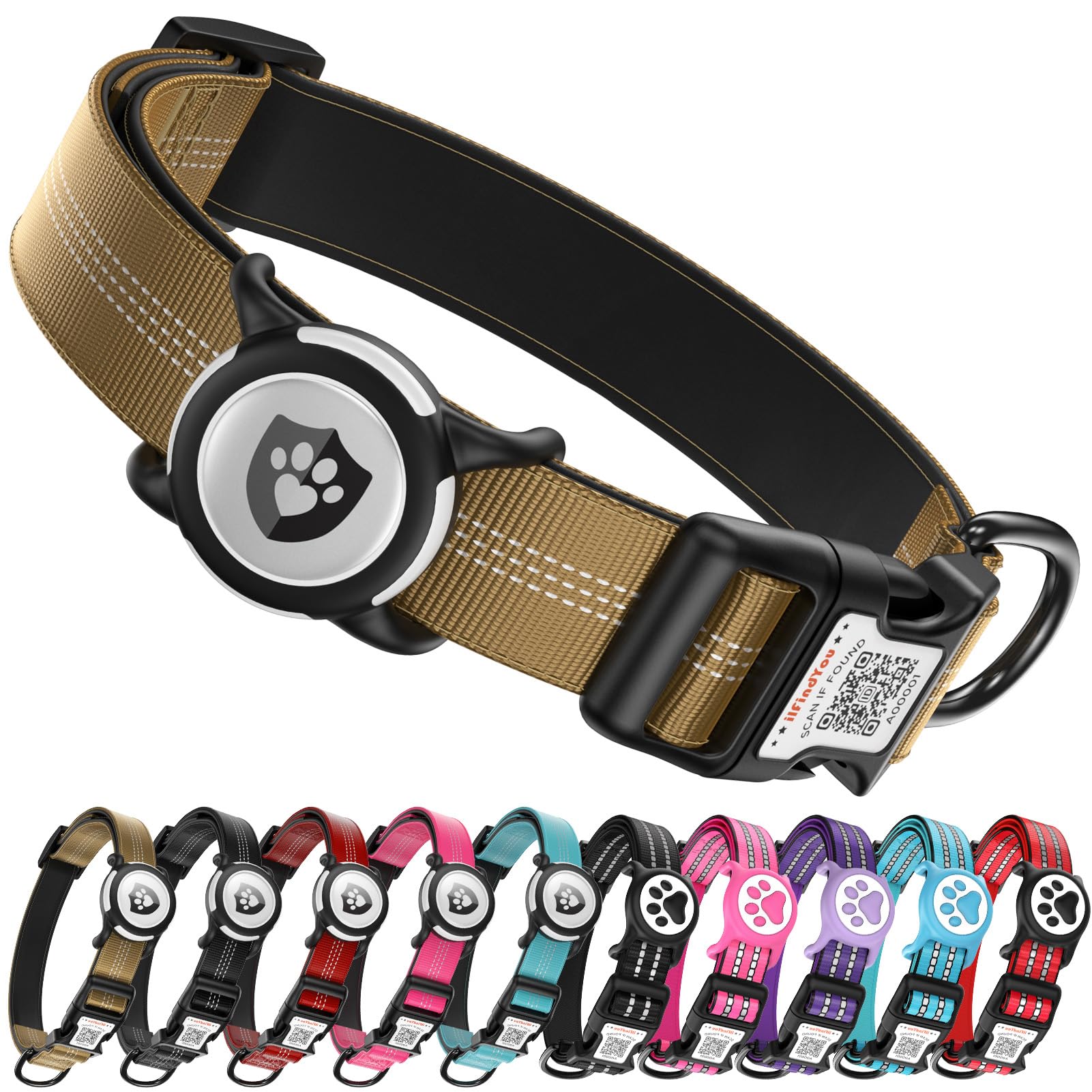 ILFindYou Waterproof AirTag Dog Collar with QR Code Dog Tag, Champagne M