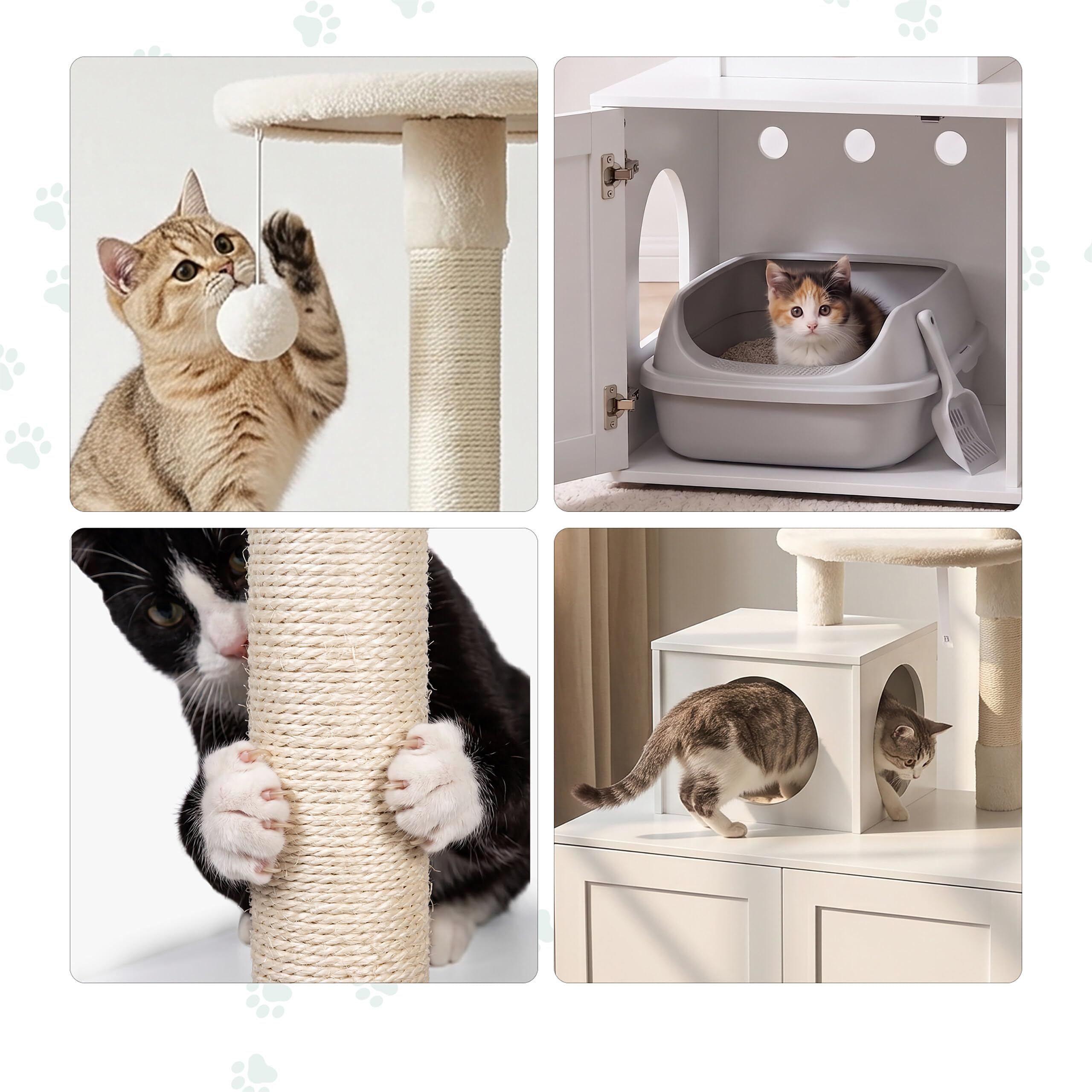 Relaxdays Árbol rascador con Armario para arenero, 133x78x49cm, Blanco | Troncos de sisal y hamaca, efecto madera, torre para gatos