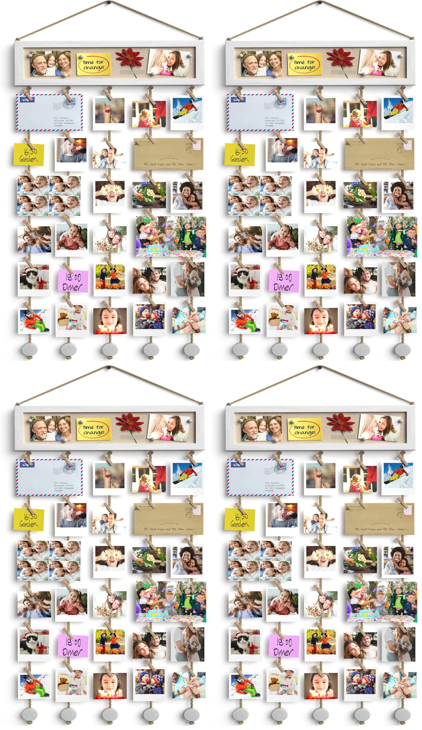 Bikoney Collage Picture Frames Hanging Photo Display Multi Pictures Organizer with Wood Bulletin Board Photo Board 30 Clips and 6 Pushpins for Room Wall Decor (White) (Pack of 4)