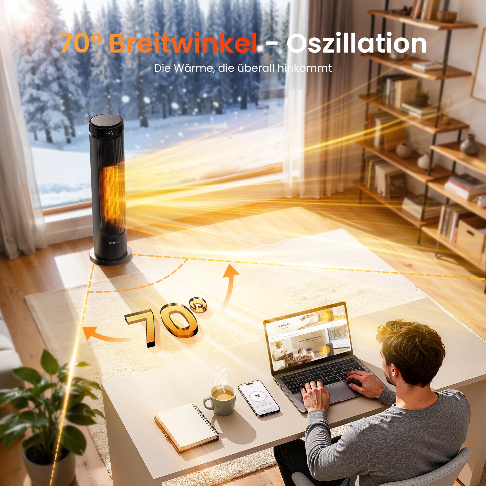 FLANUR Heizlüfter Energiesparend, 2000W PTC Keramik Heizlüfter mit Thermostat & Fernbedienung, ECO Modus, 70° Oszillation, 12h Timer, Überhitzungs-Kippschut, 60cm, Black