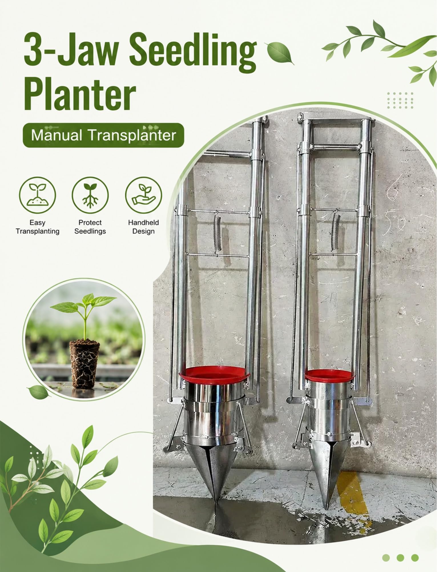 Transplanteur de semis, transplanteur de semis à 3 mâchoires, planteur de bulbes de jardin et perforateur de semis, outil de transplantation de légumes sans effort(10 cm/4 inch,14 cm/5.5 inch)
