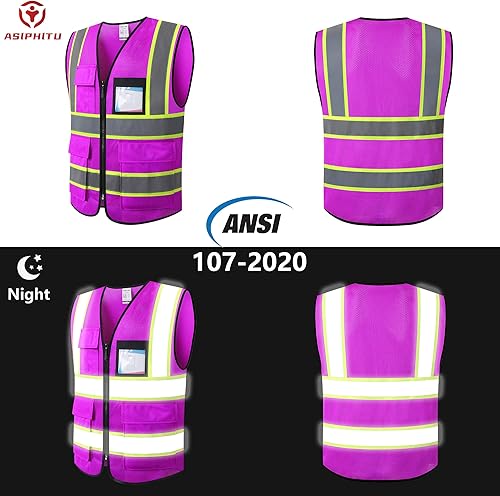 Miniatura 5 de ASIPHITU Chaleco de seguridad reflectante de alta visibilidad para hombres y mujeres con bolsillos con cremallera frontal cumple con las normas