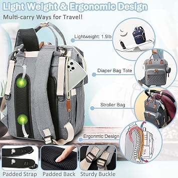 SHITIESHOU Diaper Bag Backpack Baby Bag, Baby Girl Boy Diaper Bag for Dad Mom with Pad, 16 Pockets, Pacifier Case, Large Diaper Bags Unisex for Travel (Grey)
