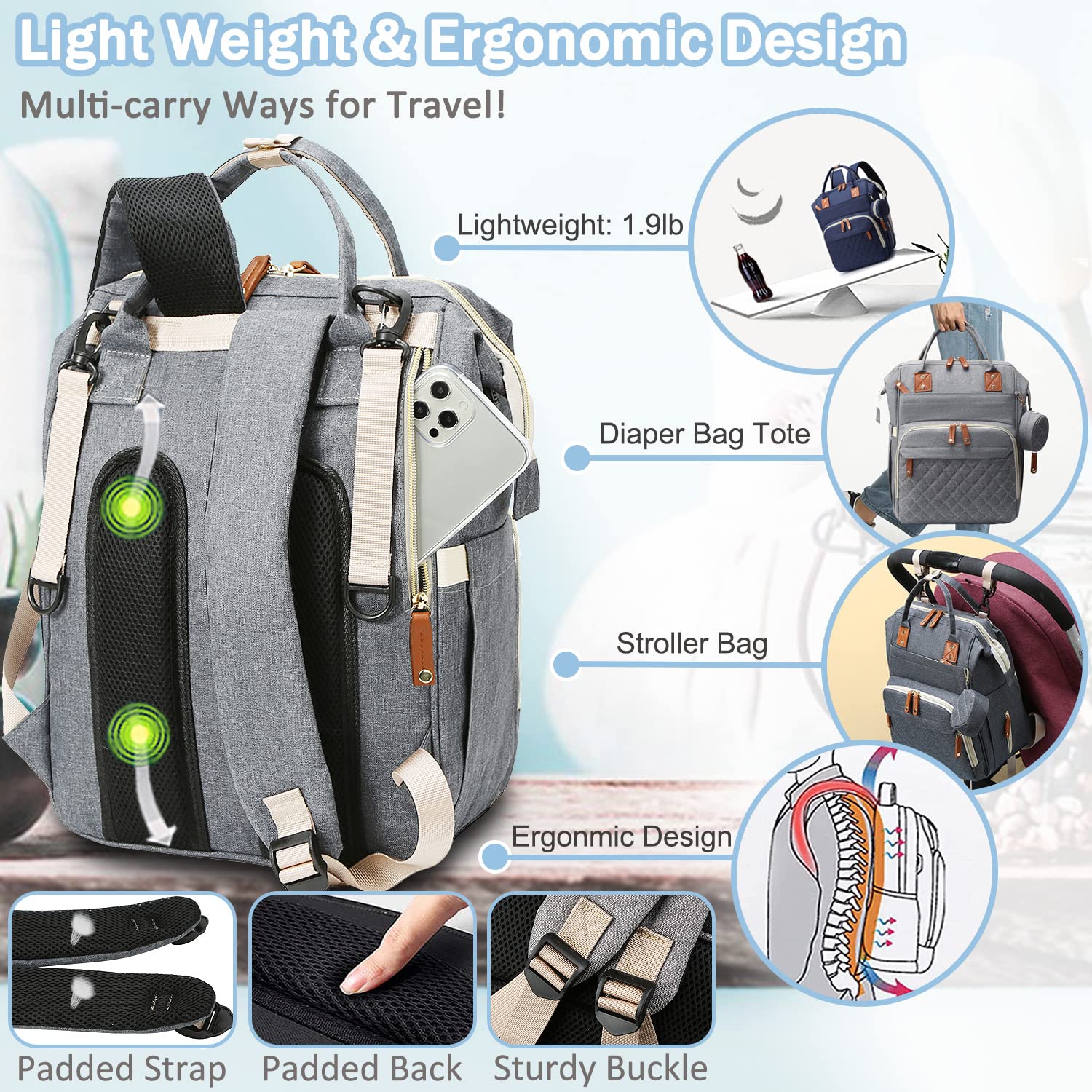 SHITIESHOU Diaper Bag Backpack Baby Bag, Baby Girl Boy Diaper Bag for Dad Mom with Pad, 16 Pockets, Pacifier Case, Large Diaper Bags Unisex for Travel (Grey)