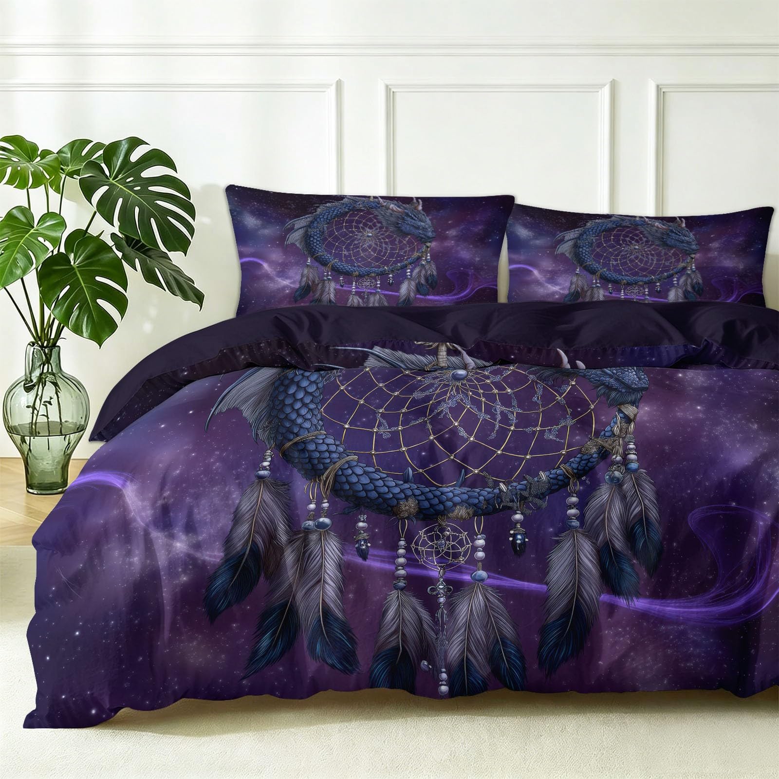 Dwustronna poszwa na kołdrę, z mikrofibry, 240 x 220 cm, ciemna fantazyjna, liliowa, gwiaździste niebo, olbrzymi smok, łapacz snów, pióra, przyjazna dla skóry, łatwa w pielęgnacji, z 2 poszewkami na