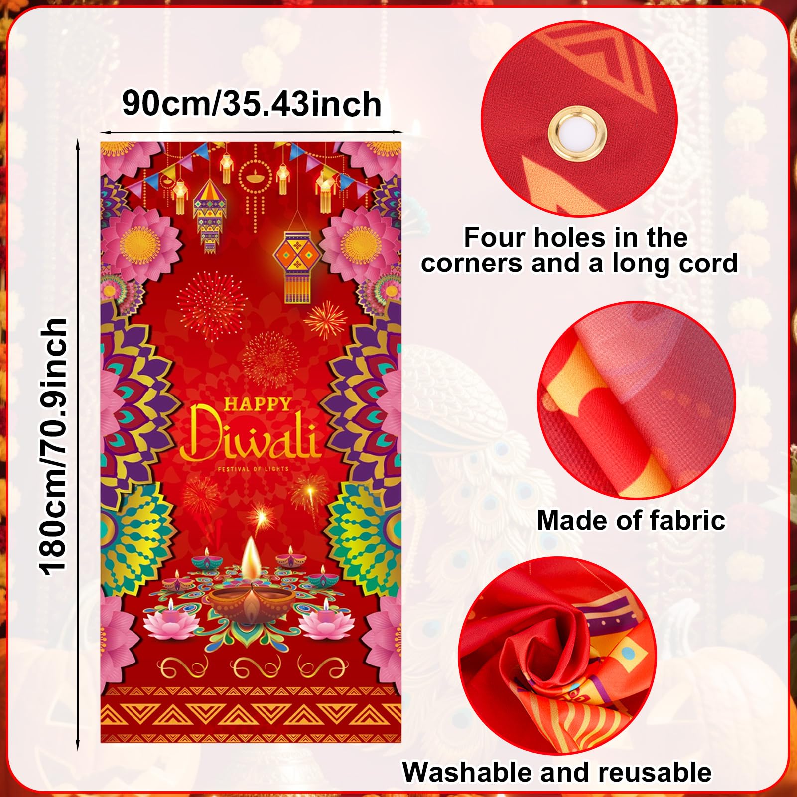 3pcs Happy Diwali Door Signs Set, Polyester Diwali Hanging Banners Peacock Festival of Light Door Decorations for Home Party - Image 3