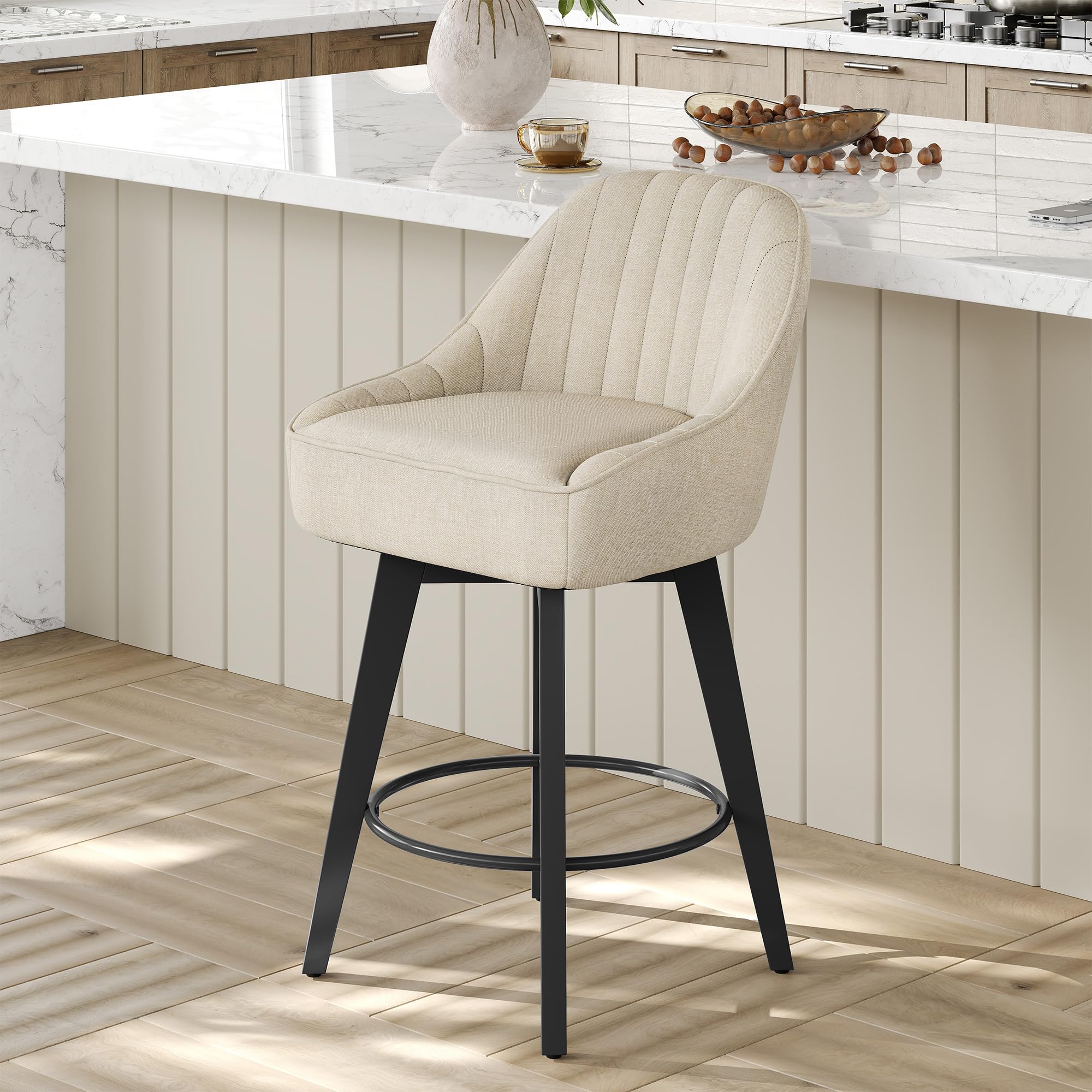 Furnihold Swivel Counter Height Bar Stools Set of 1, Modern Bar Chairs with Backs and Metal Legs, Upholstered Barstools for Kitchen Island, Home Bar, Chenille, Beige