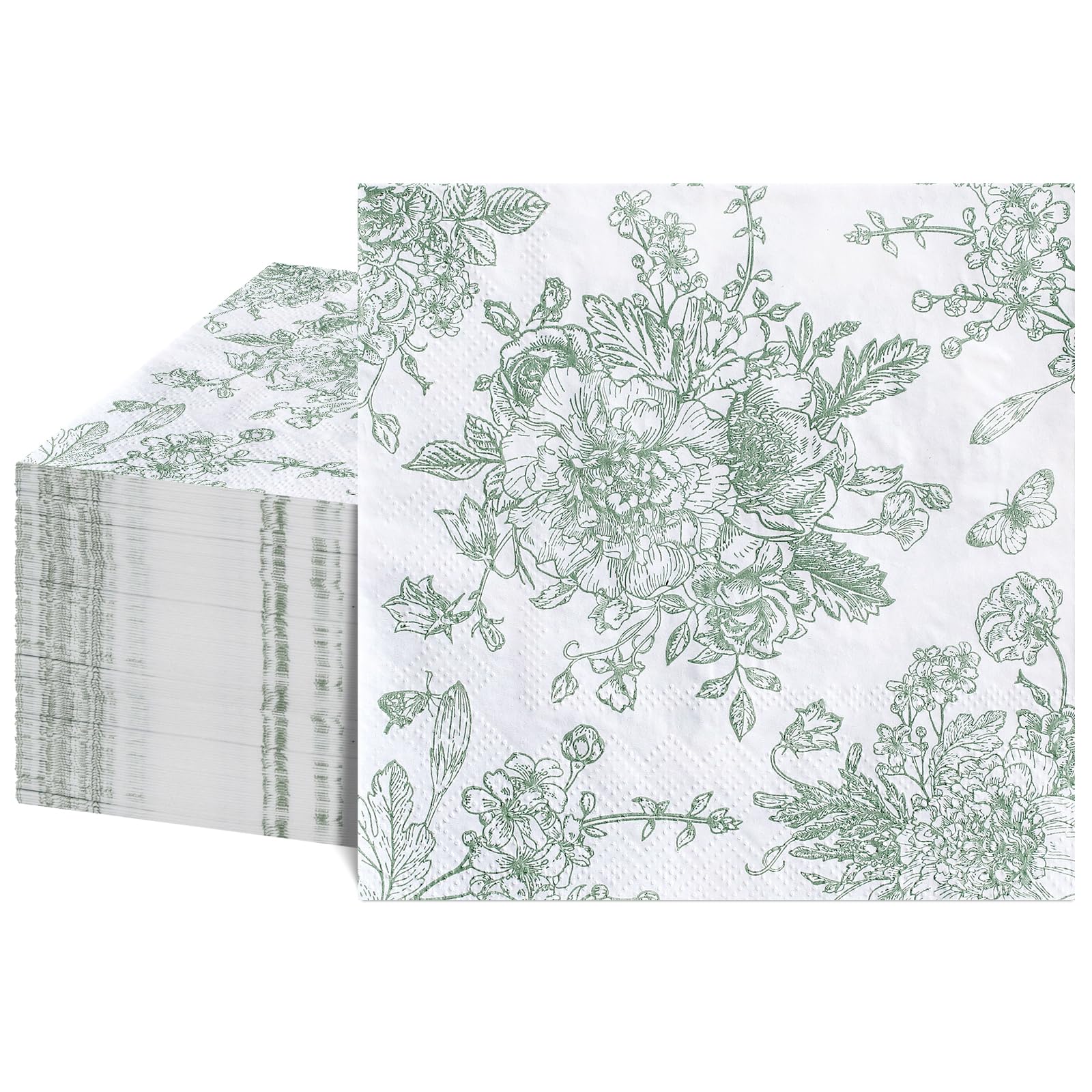 NatNarr 100 servilletas florales verde salvia, servilletas de Toile verde y blanco, diseño vintage de flores y mariposas, servilletas de decoupage para novia, baby shower, boda, fiesta de té, 5 x 5