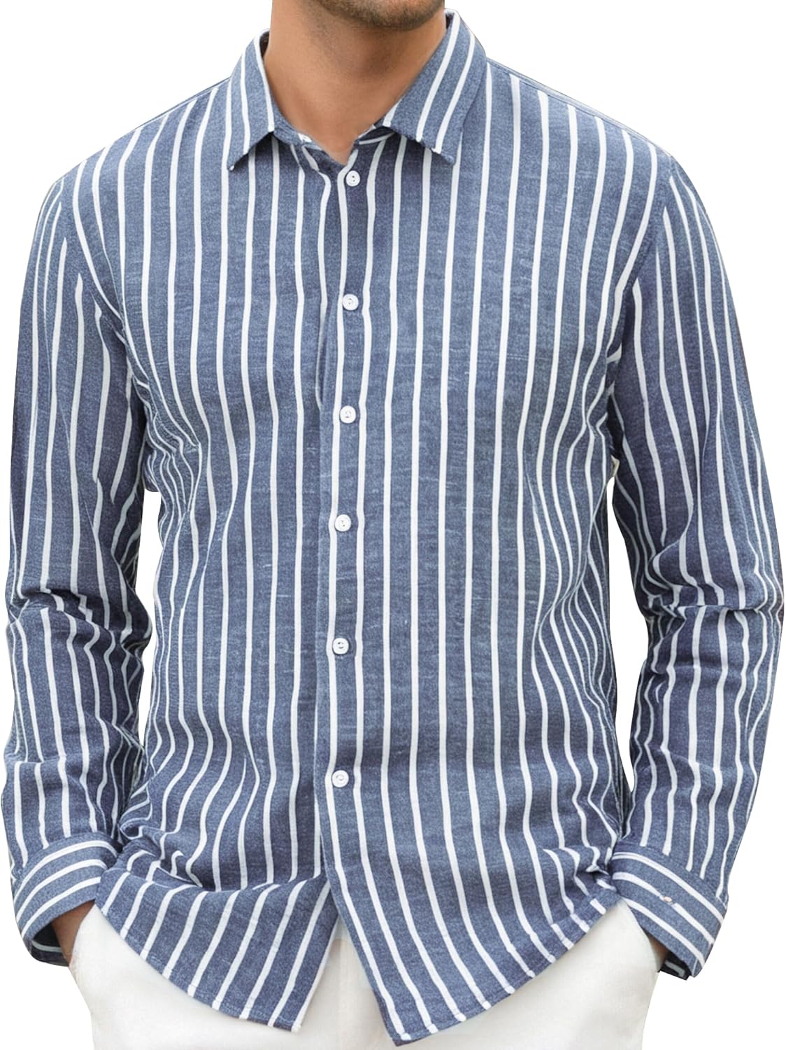 Damipow Mens Linen Cotton Striped Long Sleeve Dress Shirt Casual Button Down Shirt