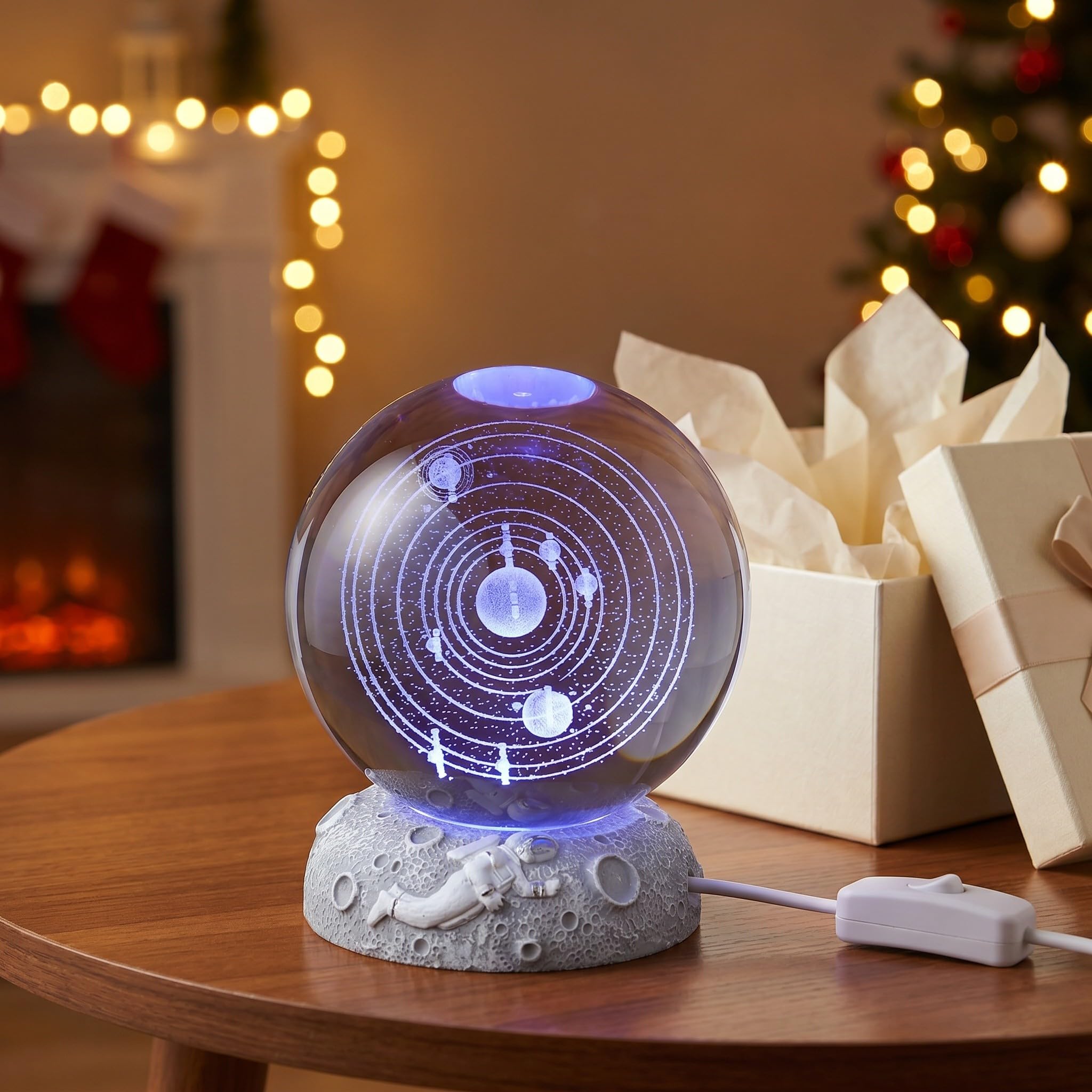 Artibetter Lampada a sfera di cristallo celeste | Globo a LED del solare con base luminosa | Luce d'atmosfera decorativa a tema scientifico per scrivania o soggiorno (batterie non incluse)