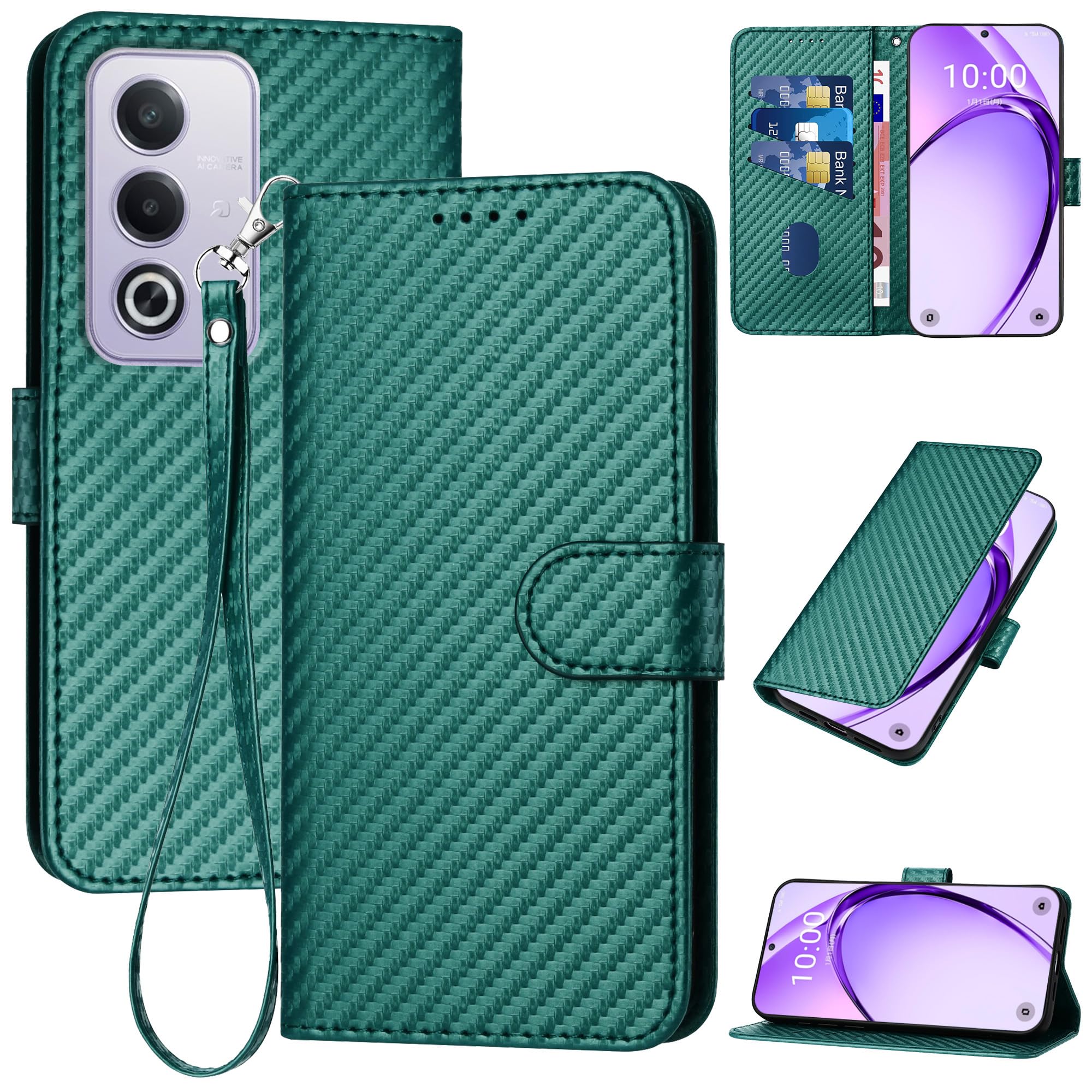 Gedurya OPPO A3 5G ケース 手帳型 オツポA3 5G スマホケース 炭素繊維ブレイドスタイル 肌触り良い OPPO A3 ケース オツポ A3 5G 携帯カバー マグネット開閉式 スタンド機能 軽量 薄型 OPPO A3 5G 手帳型 ケース 指紋防止 人気 上質 オツポA3 携帯ケース 全面保護 財布型 便利 - グリーン