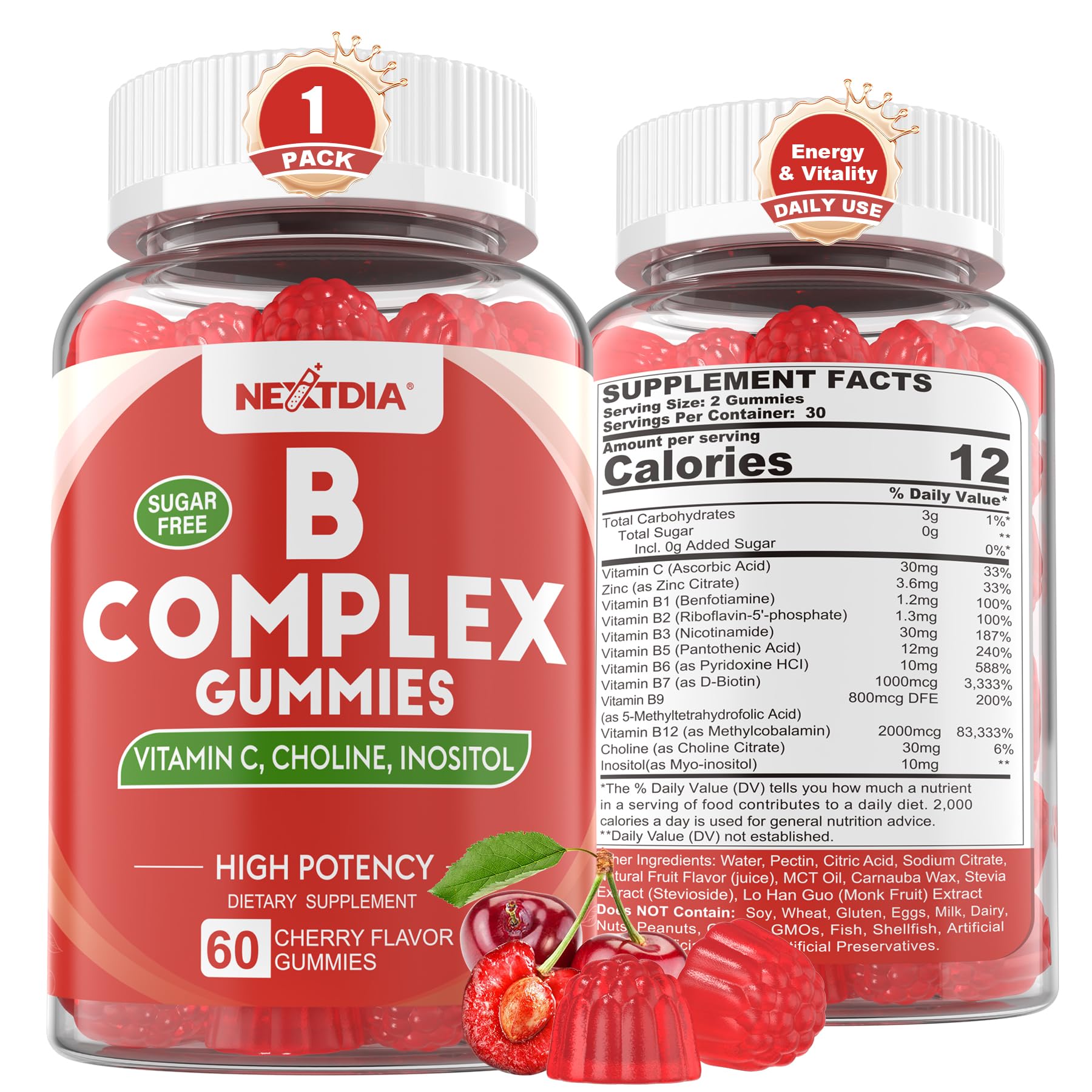Vitamin B Complex Gummies, Vegan Vitamin B Gummies with 2000 mcg Methyl B12, Methyl Folate | Plus Choline + Inositol, Vitamin C + Zinc for Supports Energy, Mood, Immune, Healthy Hair, Skin - 60 Cts
