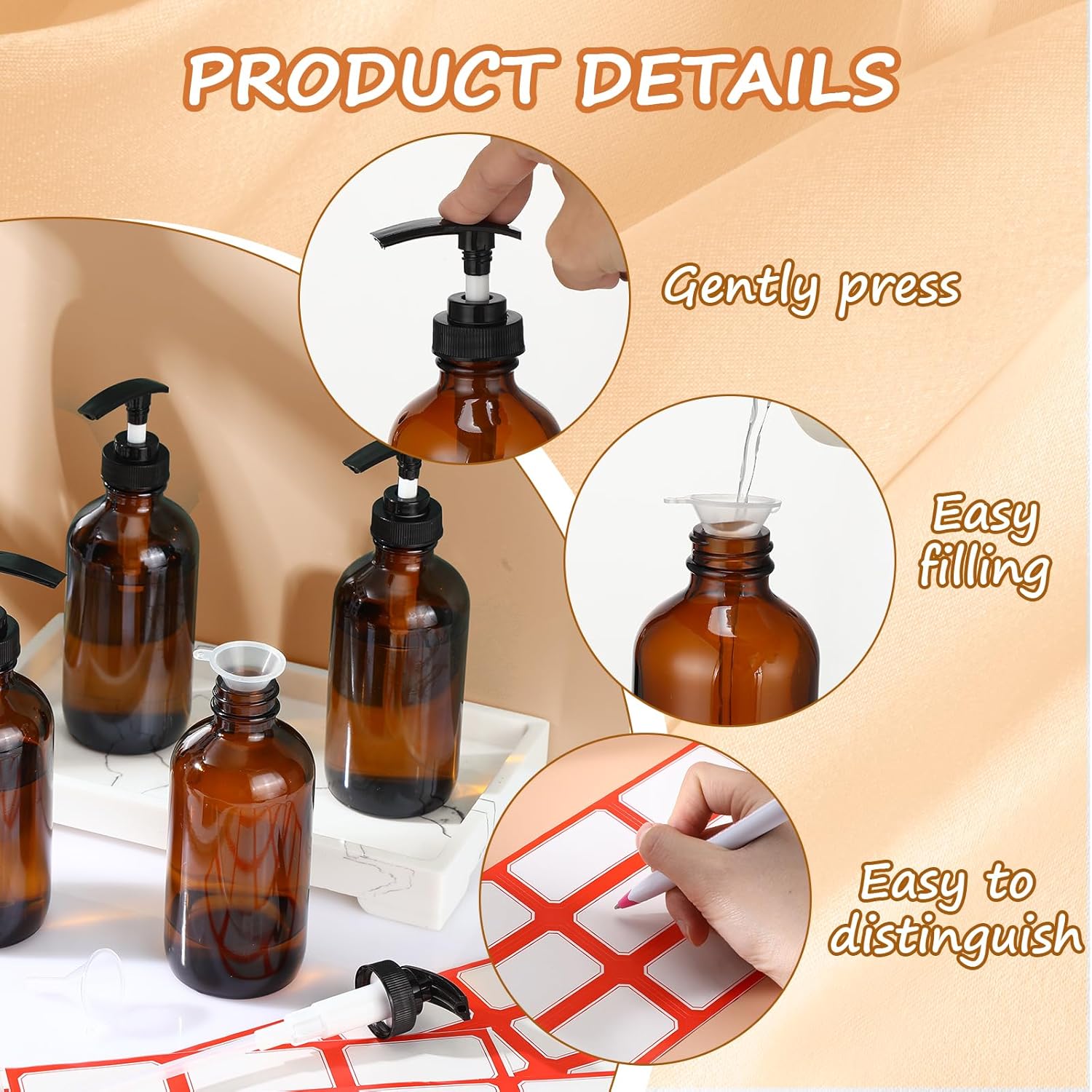 Tanlade 24 Pcs 8 oz Glass Pump Bottle Empty Bottle Glass Soap Dispenser with Pump Refillable Containers and Labels Funnels for Essential Oils Cleaning Products Lotions Conditioner(Amber)