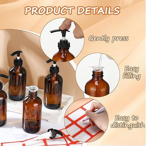 Miniatura 3 de Tanlade 24 botellas de bomba de vidrio de 8 onzas, botella vacía, dispensador de jabón de vidrio con bomba, recipientes recargables y embudos de