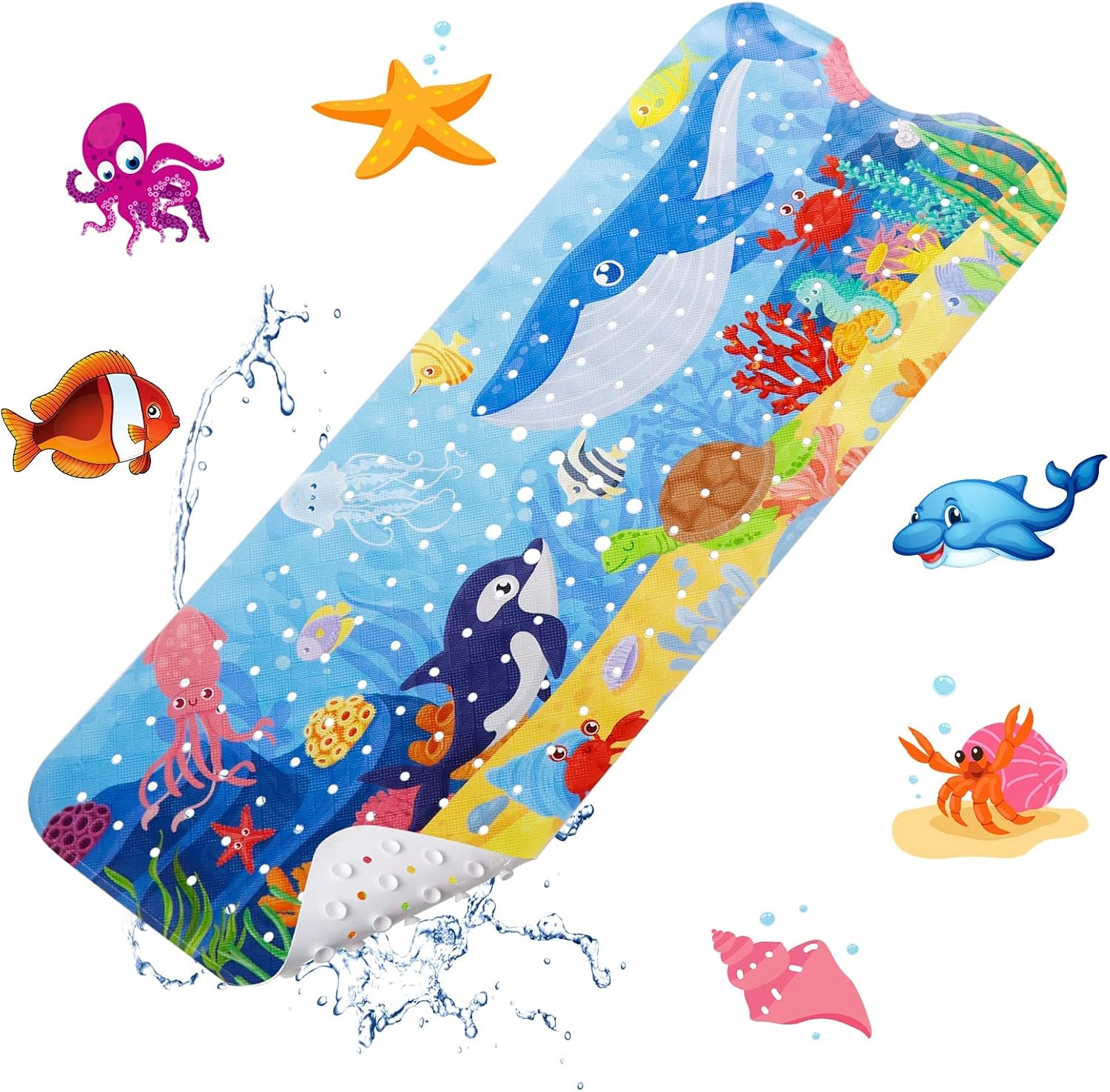 Tubozadi Tappetino antiscivolo per vasca da bagno per bambini e anziani, 101 x 40 cm, extra lungo, antiscivolo, con ventose e fori di scarico, anatra