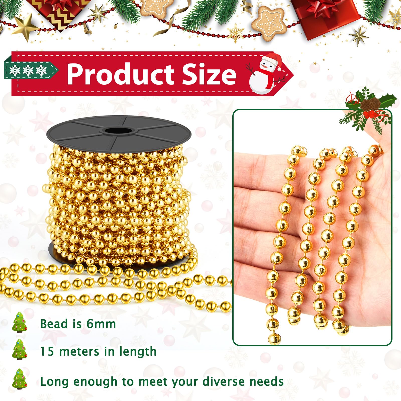 Chuangdi 1 Roll/ 15m Christmas Bead Chain 6mm Gold Christmas Hanging Decoration Christmas Tree Ornaments Plastic String Garlands for Craft Xmas Tree Stairs - Image 2
