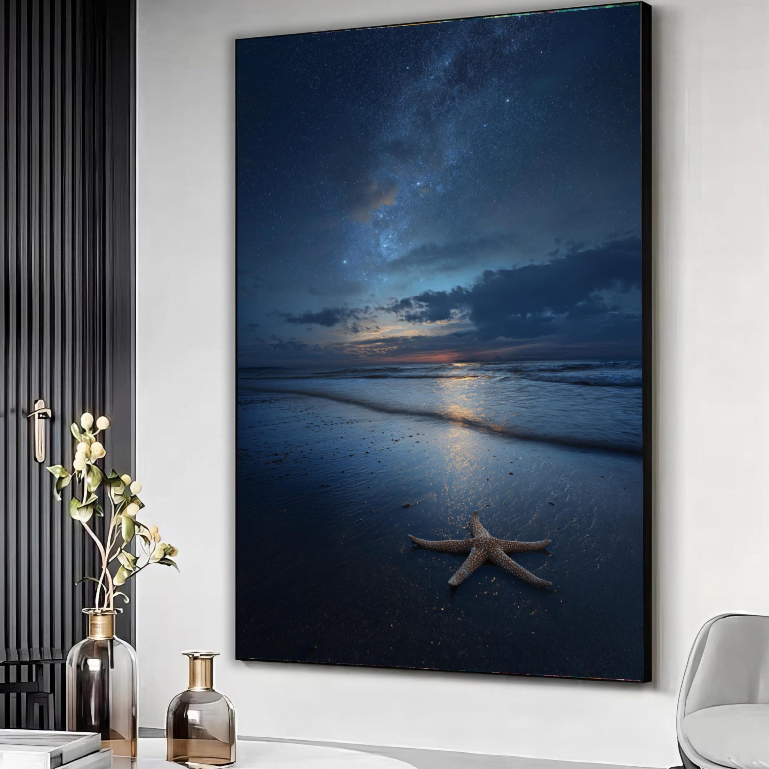 XBTYKPB Starry Night Beach Scene Canvas, Starfish on Shore Wall Art, Ocean Sunset Reflection Canvas, Coastal Landscape Decor(60x90cm/Frameless)